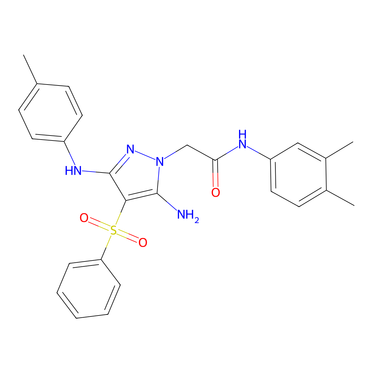 2-(5-amino-4-(phenylsulfonyl)-3-(p-tolylamino)-1H-pyrazol-1-yl)-N-(3,4-dimethylphenyl)acetamide molecular structure, CAS 1020502-28-6