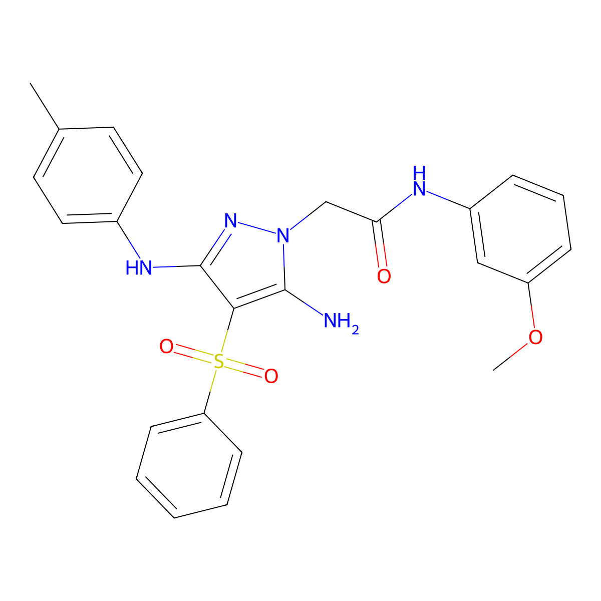 2-(5-amino-4-(phenylsulfonyl)-3-(p-tolylamino)-1H-pyrazol-1-yl)-N-(3-methoxyphenyl)acetamide molecular structure, CAS 1020502-30-0