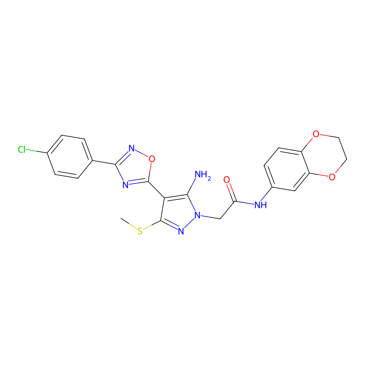 2-(5-amino-4-(3-(4-chlorophenyl)-1,2,4-oxadiazol-5-yl)-3-(methylthio)-1H-pyrazol-1-yl)-N-(2,3-dihydrobenzo[b][1,4]dioxin-6-yl)acetamide molecular structure, CAS 1020502-34-4