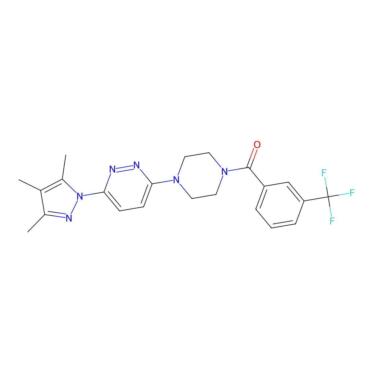 (3-(trifluoromethyl)phenyl)(4-(6-(3,4,5-trimethyl-1H-pyrazol-1-yl)pyridazin-3-yl)piperazin-1-yl)methanone molecular structure, CAS 1020502-36-6