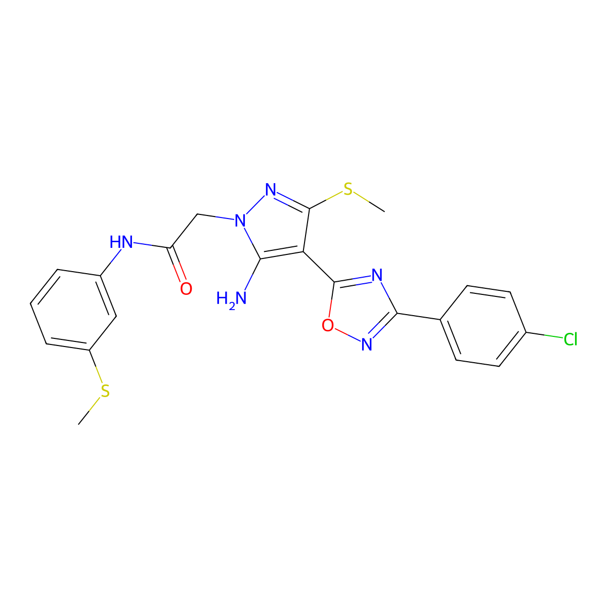 2-(5-amino-4-(3-(4-chlorophenyl)-1,2,4-oxadiazol-5-yl)-3-(methylthio)-1H-pyrazol-1-yl)-N-(3-(methylthio)phenyl)acetamide molecular structure, CAS 1020502-37-7