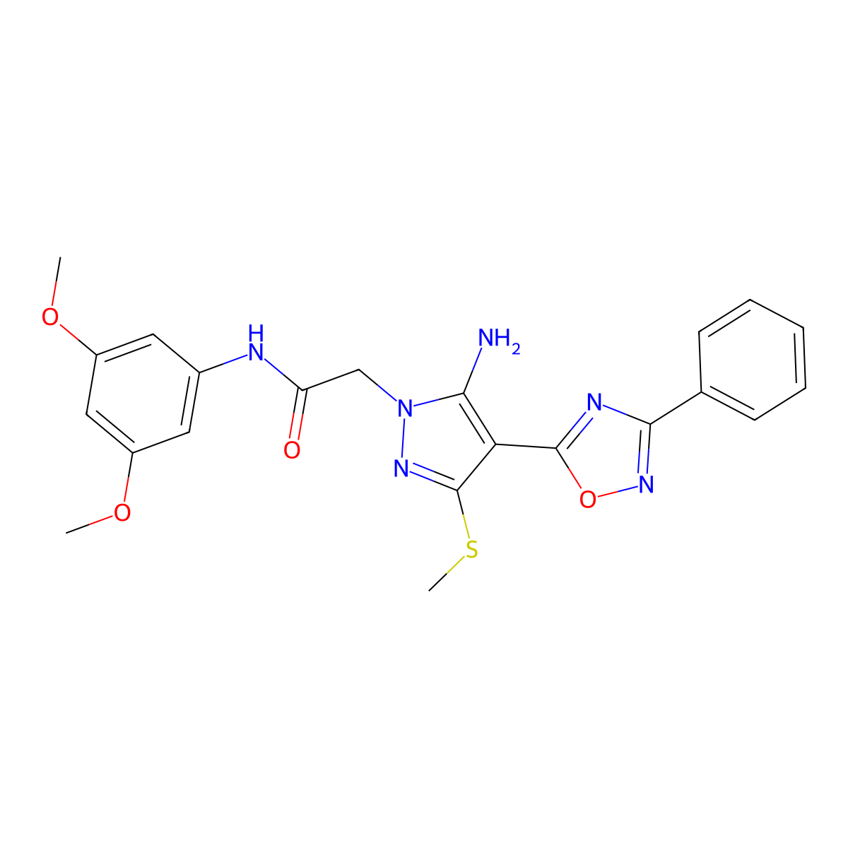 2-(5-amino-3-(methylthio)-4-(3-phenyl-1,2,4-oxadiazol-5-yl)-1H-pyrazol-1-yl)-N-(3,5-dimethoxyphenyl)acetamide molecular structure, CAS 1020502-41-3