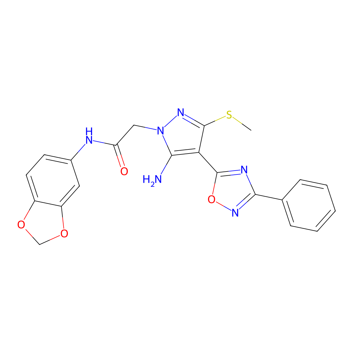 2-(5-amino-3-(methylthio)-4-(3-phenyl-1,2,4-oxadiazol-5-yl)-1H-pyrazol-1-yl)-N-(benzo[d][1,3]dioxol-5-yl)acetamide molecular structure, CAS 1020502-43-5