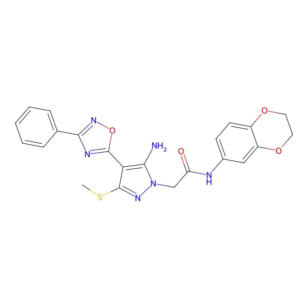 2-(5-amino-3-(methylthio)-4-(3-phenyl-1,2,4-oxadiazol-5-yl)-1H-pyrazol-1-yl)-N-(2,3-dihydrobenzo[b][1,4]dioxin-6-yl)acetamide molecular structure, CAS 1020502-45-7