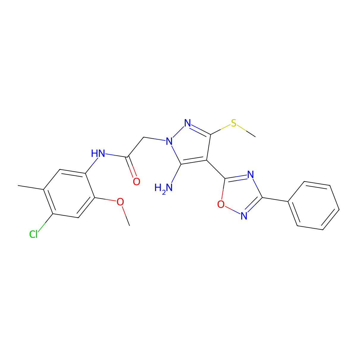 2-(5-amino-3-(methylthio)-4-(3-phenyl-1,2,4-oxadiazol-5-yl)-1H-pyrazol-1-yl)-N-(4-chloro-2-methoxy-5-methylphenyl)acetamide molecular structure, CAS 1020502-47-9