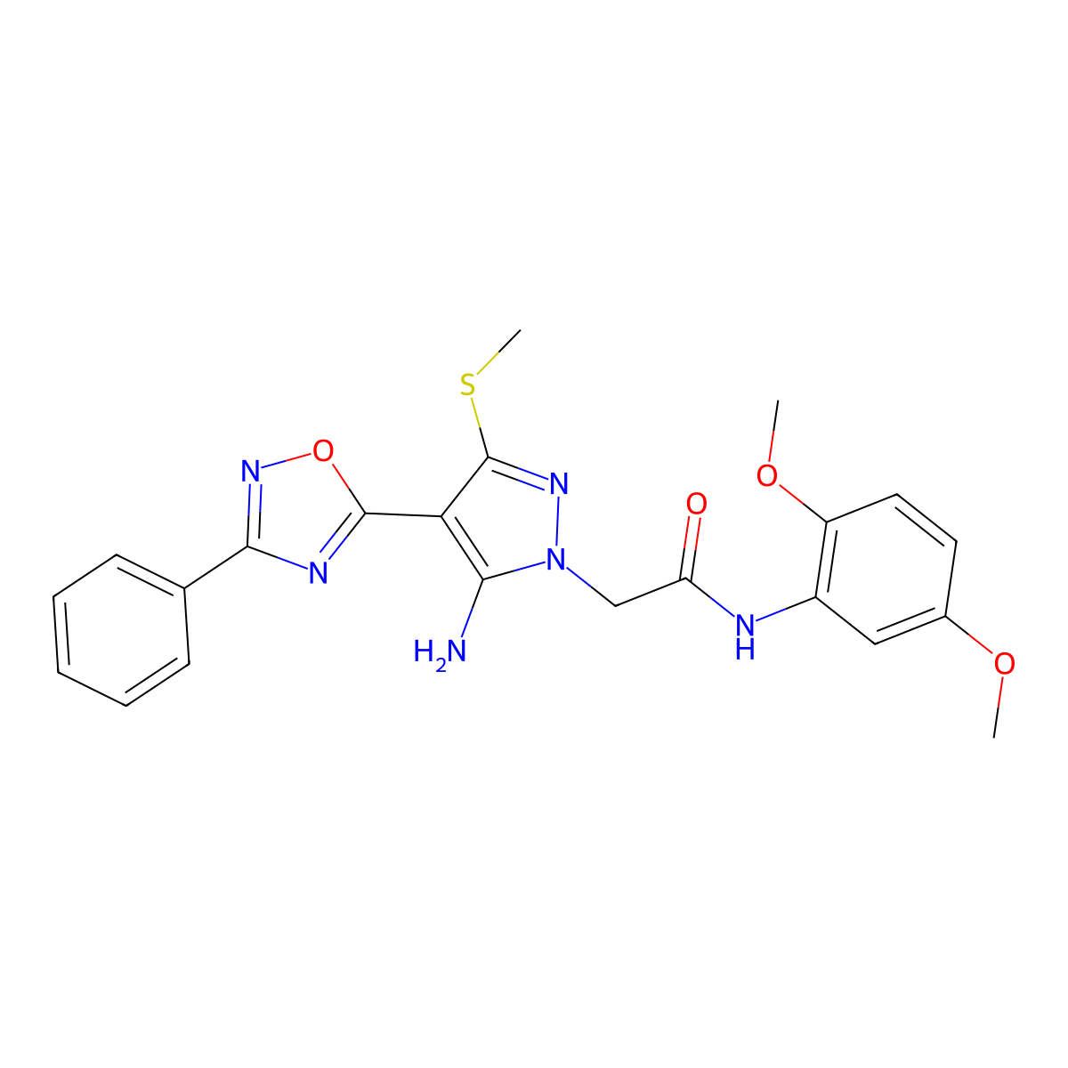2-(5-amino-3-(methylthio)-4-(3-phenyl-1,2,4-oxadiazol-5-yl)-1H-pyrazol-1-yl)-N-(2,5-dimethoxyphenyl)acetamide molecular structure, CAS 1020502-49-1