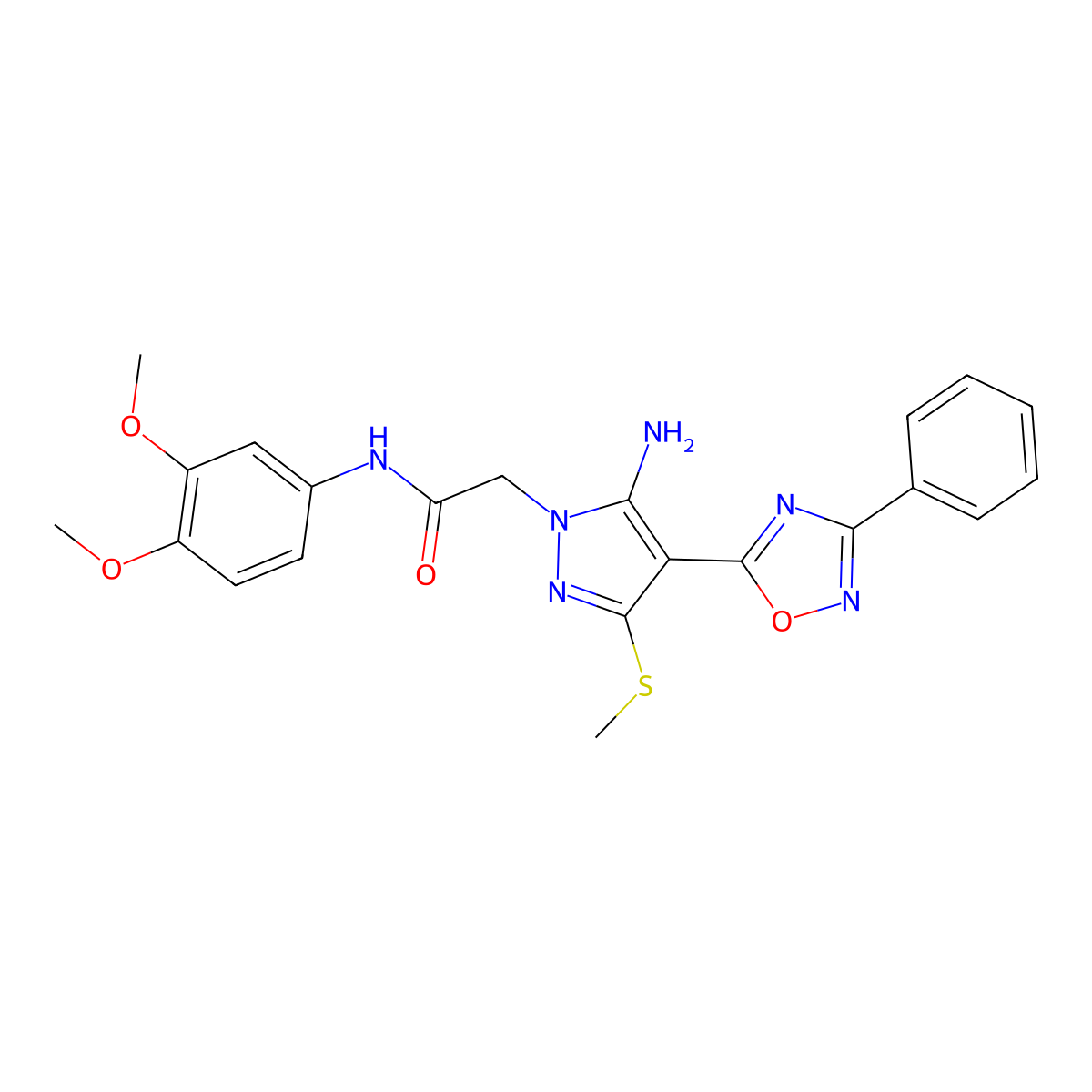 2-(5-amino-3-(methylthio)-4-(3-phenyl-1,2,4-oxadiazol-5-yl)-1H-pyrazol-1-yl)-N-(3,4-dimethoxyphenyl)acetamide molecular structure, CAS 1020502-51-5