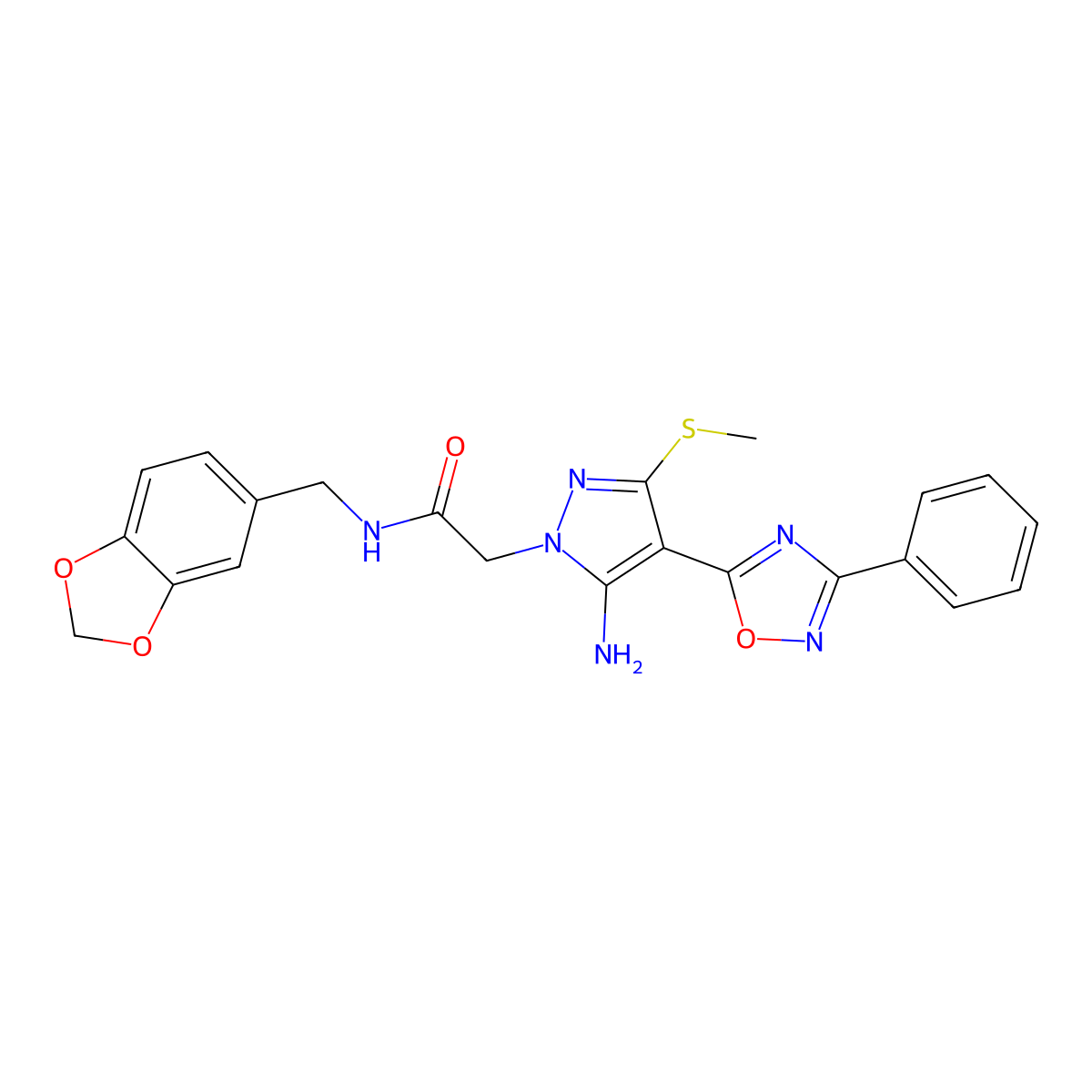 2-(5-amino-3-(methylthio)-4-(3-phenyl-1,2,4-oxadiazol-5-yl)-1H-pyrazol-1-yl)-N-(benzo[d][1,3]dioxol-5-ylmethyl)acetamide molecular structure, CAS 1020502-53-7