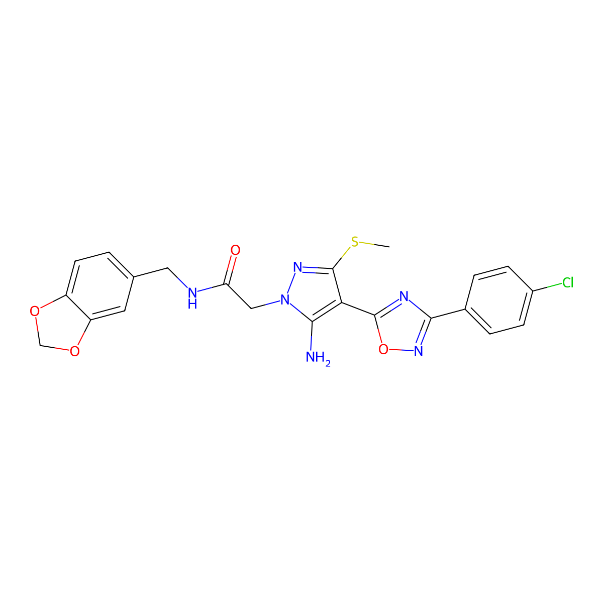 2-(5-amino-4-(3-(4-chlorophenyl)-1,2,4-oxadiazol-5-yl)-3-(methylthio)-1H-pyrazol-1-yl)-N-(benzo[d][1,3]dioxol-5-ylmethyl)acetamide molecular structure, CAS 1020502-55-9