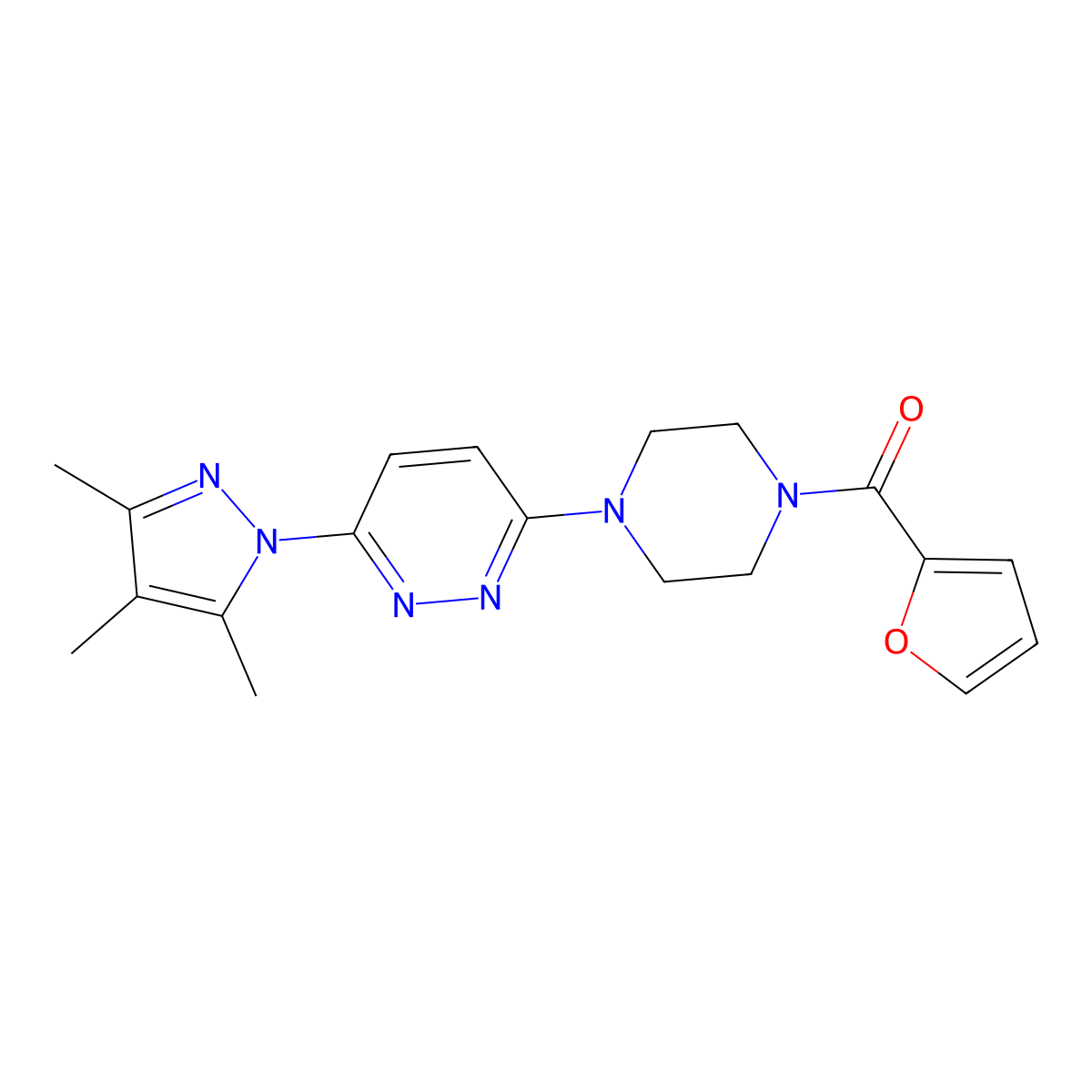 furan-2-yl(4-(6-(3,4,5-trimethyl-1H-pyrazol-1-yl)pyridazin-3-yl)piperazin-1-yl)methanone molecular structure, CAS 1020502-58-2