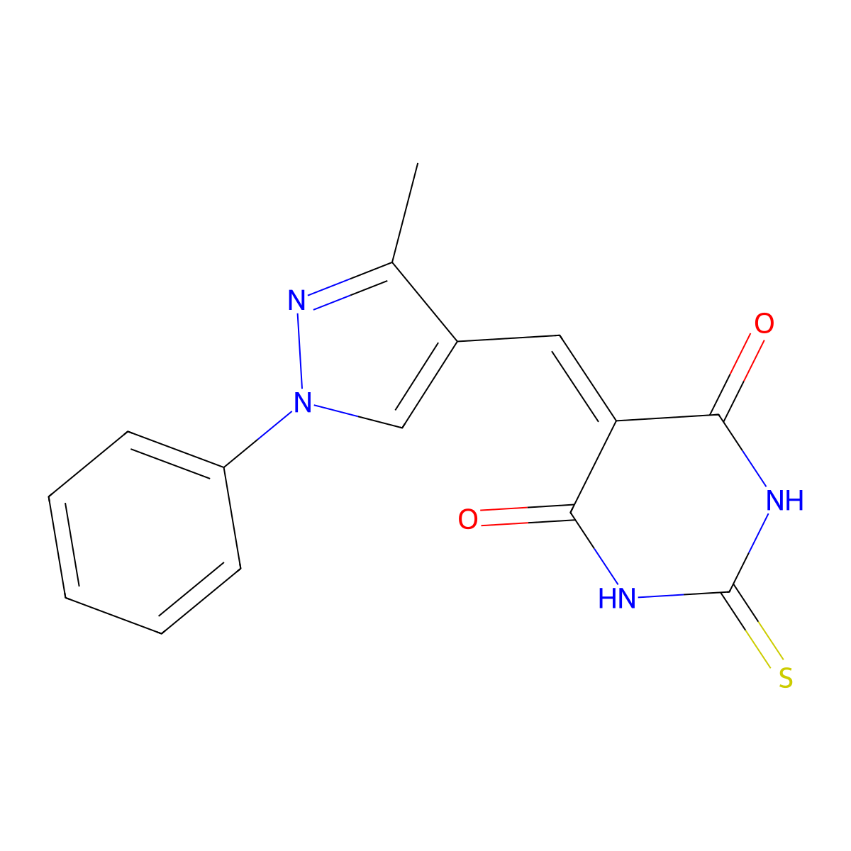 5-[(3-methyl-1-phenyl-1H-pyrazol-4-yl)methylidene]-2-sulfanylidene-1,3-diazinane-4,6-dione molecular structure, CAS 1020502-76-4