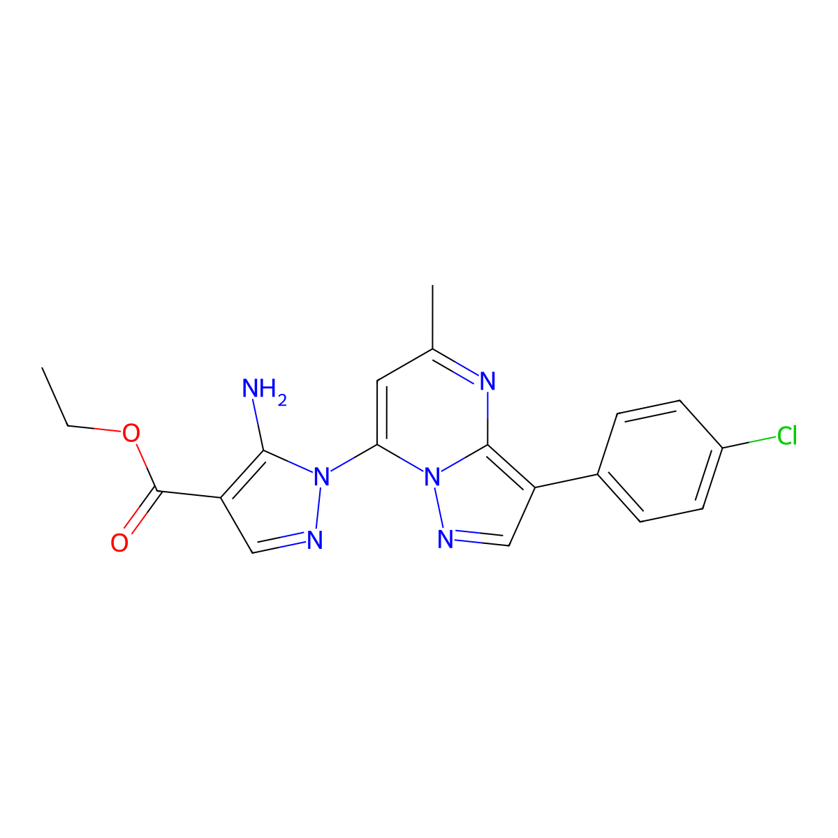 ethyl 5-amino-1-[3-(4-chlorophenyl)-5-methylpyrazolo[1,5-a]pyrimidin-7-yl]-1H-pyrazole-4-carboxylate molecular structure, CAS 1020502-90-2