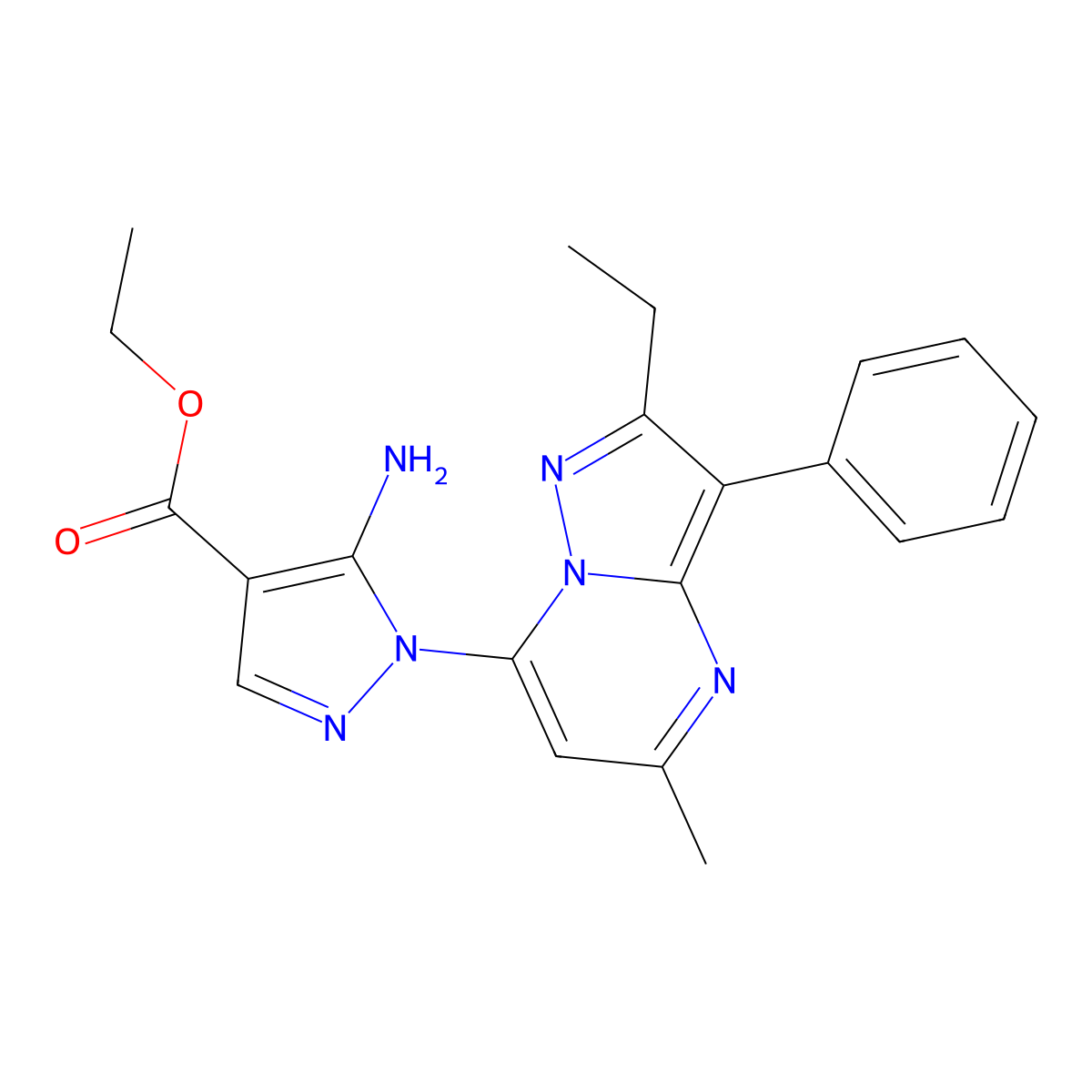 ethyl 5-amino-1-(2-ethyl-5-methyl-3-phenylpyrazolo[1,5-a]pyrimidin-7-yl)-1H-pyrazole-4-carboxylate molecular structure, CAS 1020502-94-6
