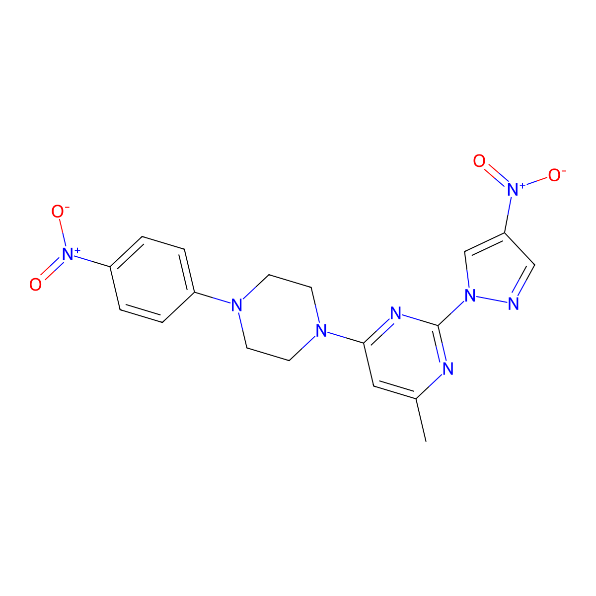 4-methyl-2-(4-nitro-1H-pyrazol-1-yl)-6-(4-(4-nitrophenyl)piperazin-1-yl)pyrimidine molecular structure, CAS 1020502-97-9