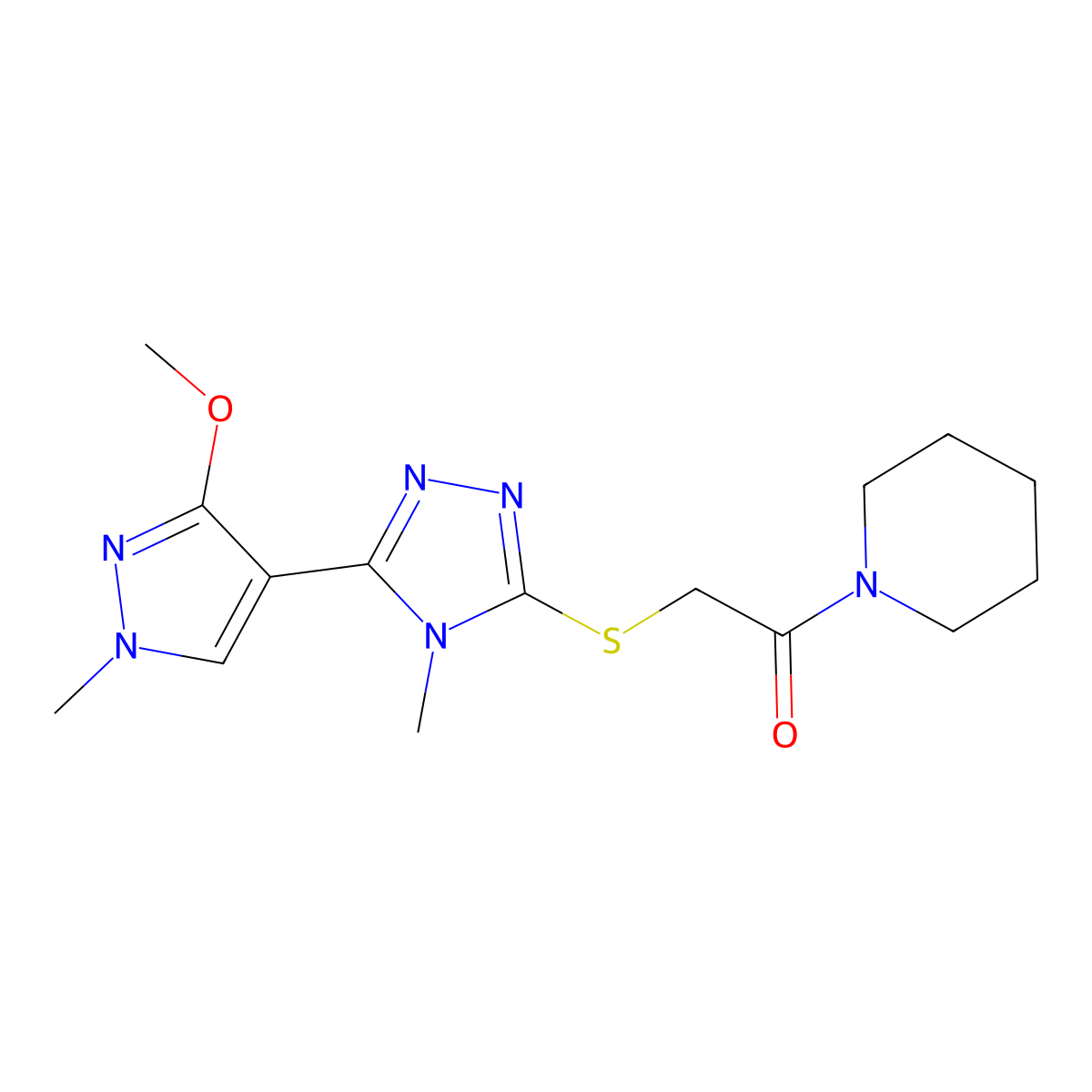 2-((5-(3-methoxy-1-methyl-1H-pyrazol-4-yl)-4-methyl-4H-1,2,4-triazol-3-yl)thio)-1-(piperidin-1-yl)ethanone molecular structure, CAS 1020503-05-2