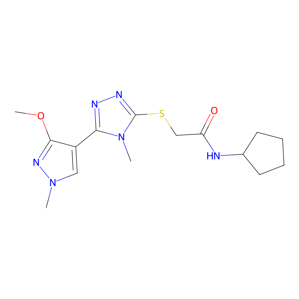 N-cyclopentyl-2-((5-(3-methoxy-1-methyl-1H-pyrazol-4-yl)-4-methyl-4H-1,2,4-triazol-3-yl)thio)acetamide molecular structure, CAS 1020503-21-2