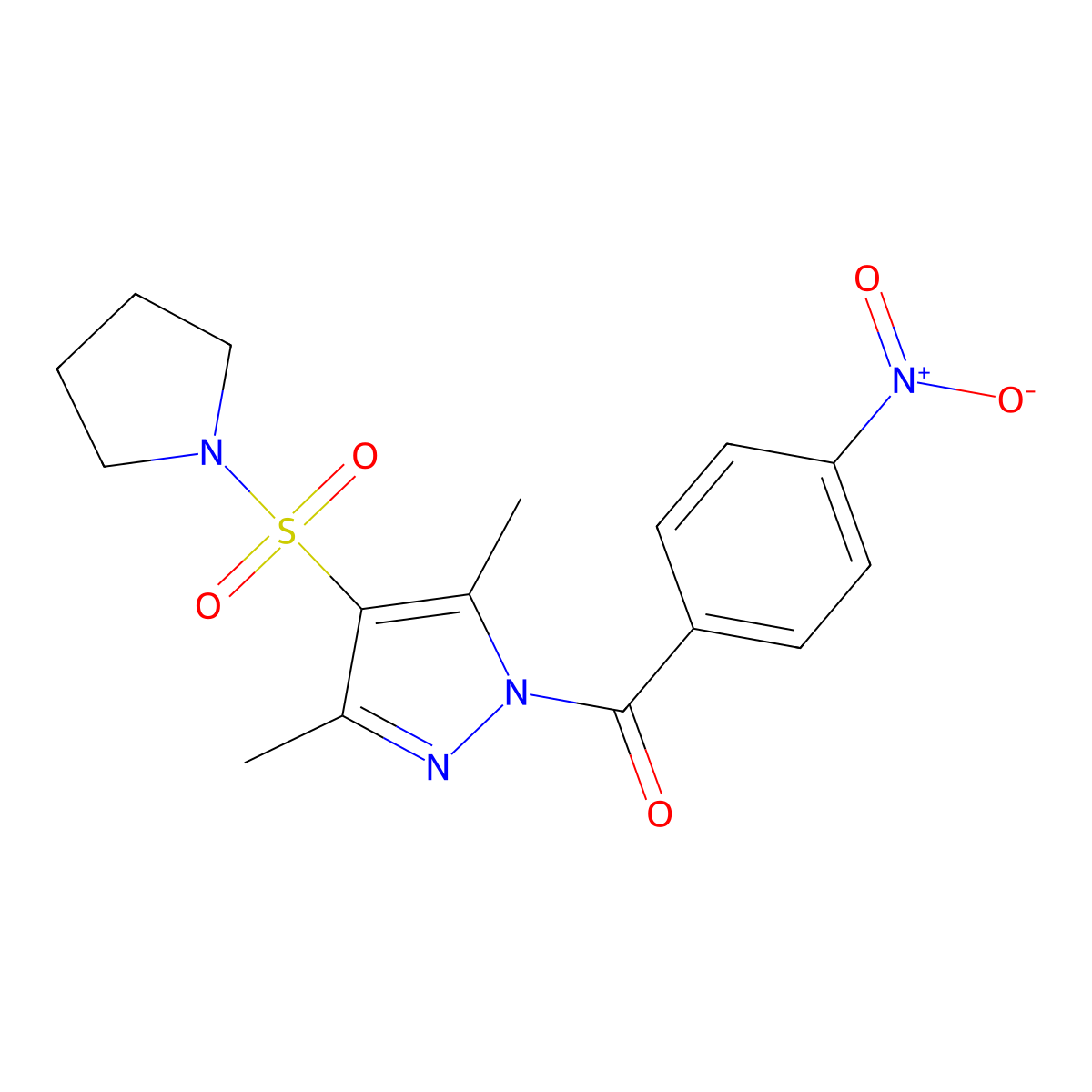 3,5-dimethyl-1-(4-nitrobenzoyl)-4-(pyrrolidin-1-ylsulfonyl)-1H-pyrazole molecular structure, CAS 1020503-28-9