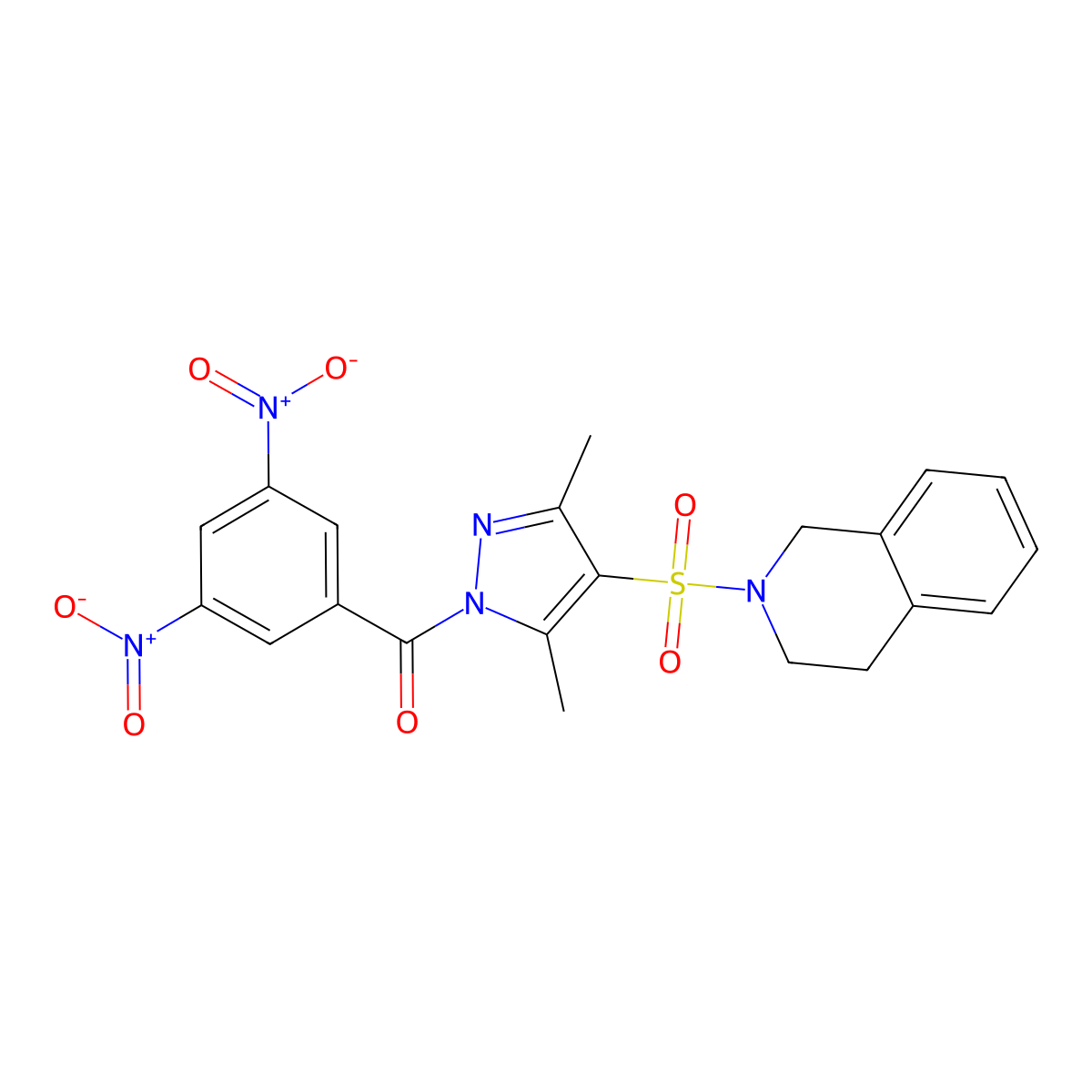 (4-((3,4-dihydroisoquinolin-2(1H)-yl)sulfonyl)-3,5-dimethyl-1H-pyrazol-1-yl)(3,5-dinitrophenyl)methanone molecular structure, CAS 1020503-39-2