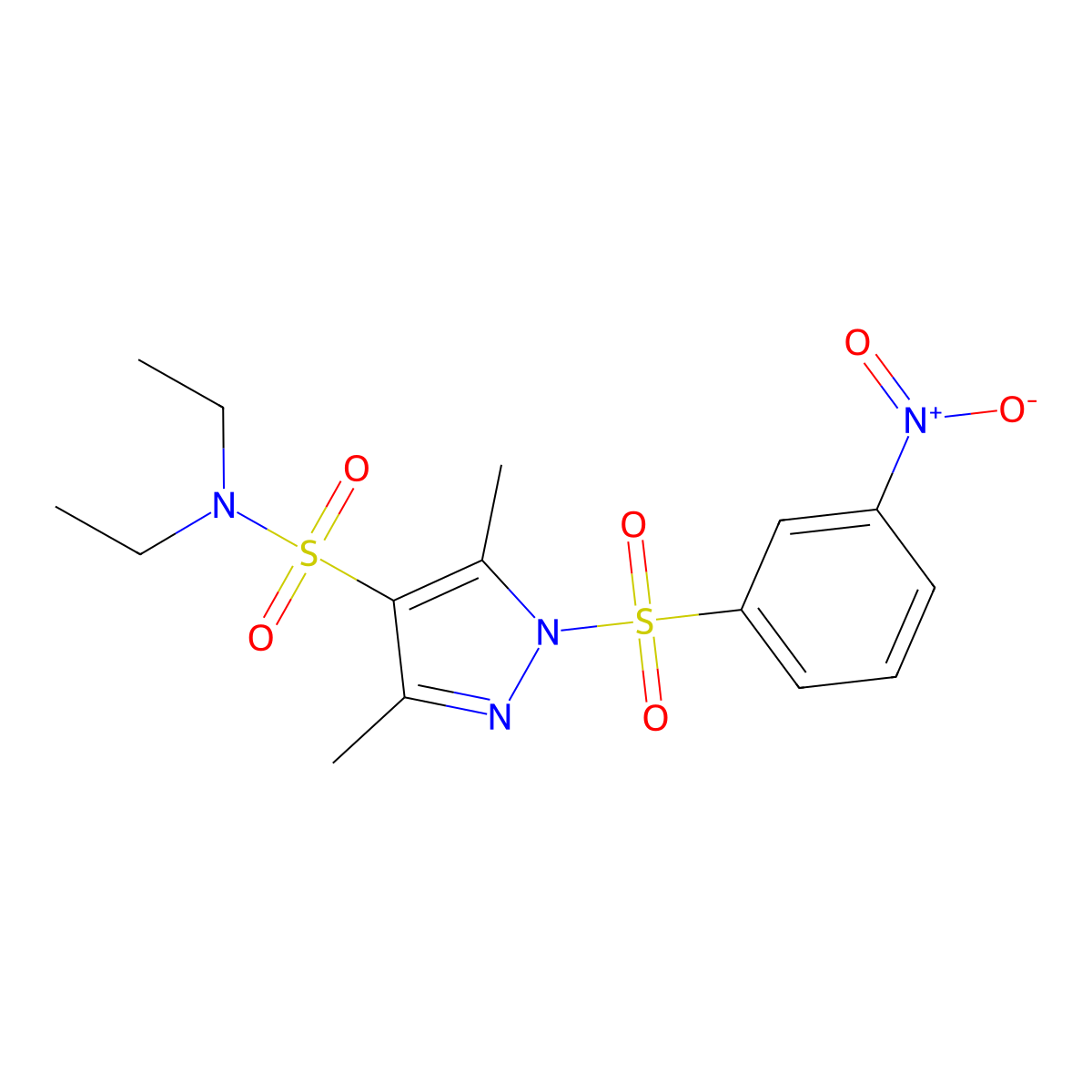 N,N-diethyl-3,5-dimethyl-1-((3-nitrophenyl)sulfonyl)-1H-pyrazole-4-sulfonamide molecular structure, CAS 1020503-40-5