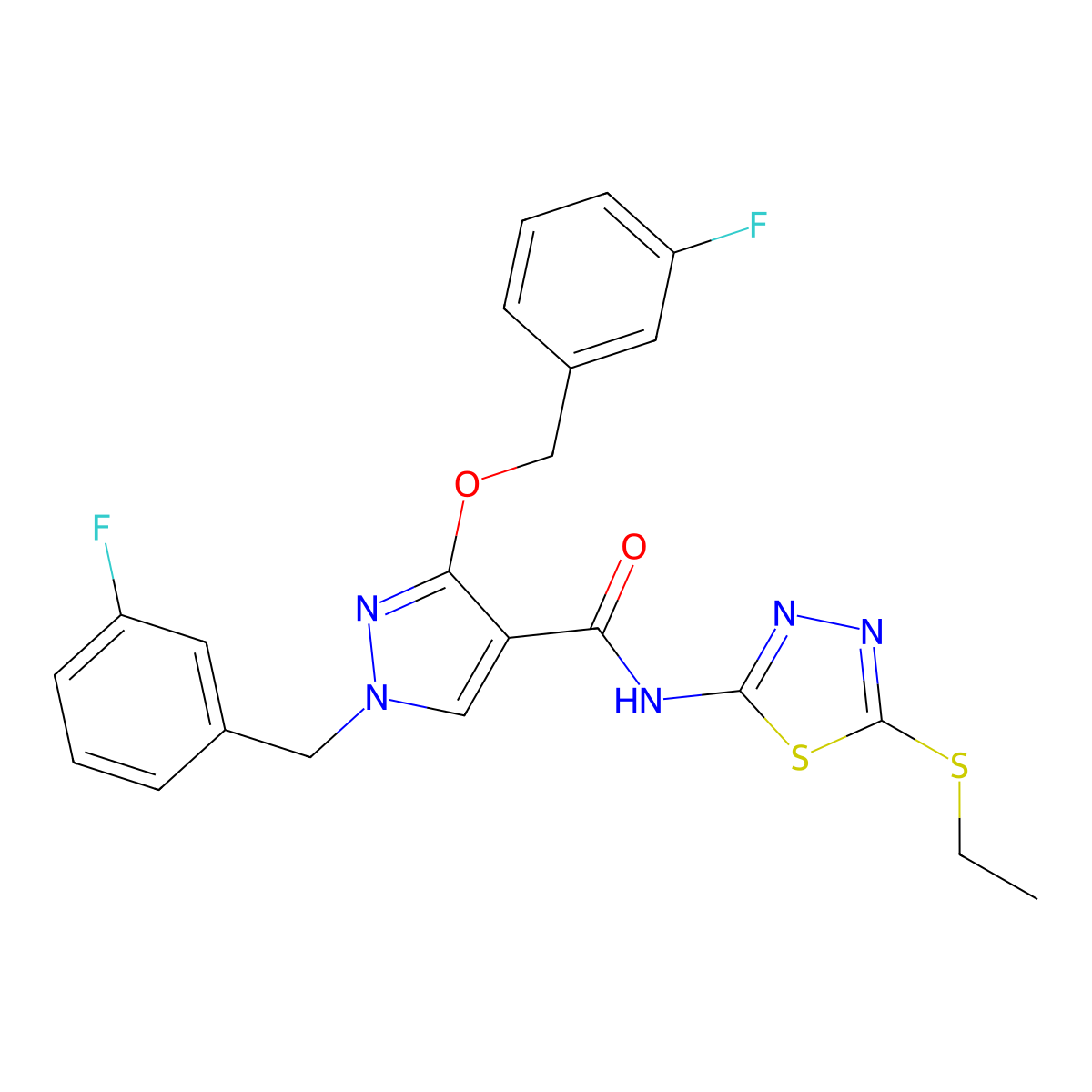 N-(5-(ethylthio)-1,3,4-thiadiazol-2-yl)-1-(3-fluorobenzyl)-3-((3-fluorobenzyl)oxy)-1H-pyrazole-4-carboxamide molecular structure, CAS 1020526-64-0