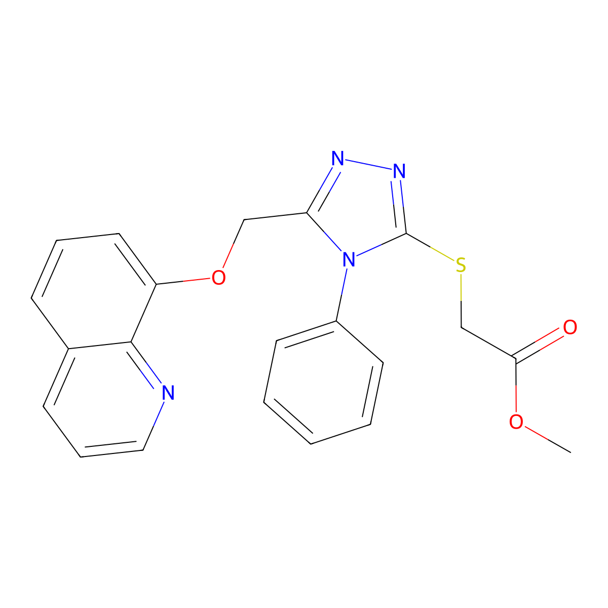 Methyl 2-[4-phenyl-5-(8-quinolyloxymethyl)-1,2,4-triazol-3-ylthio]acetate molecular structure, CAS 102061-77-8