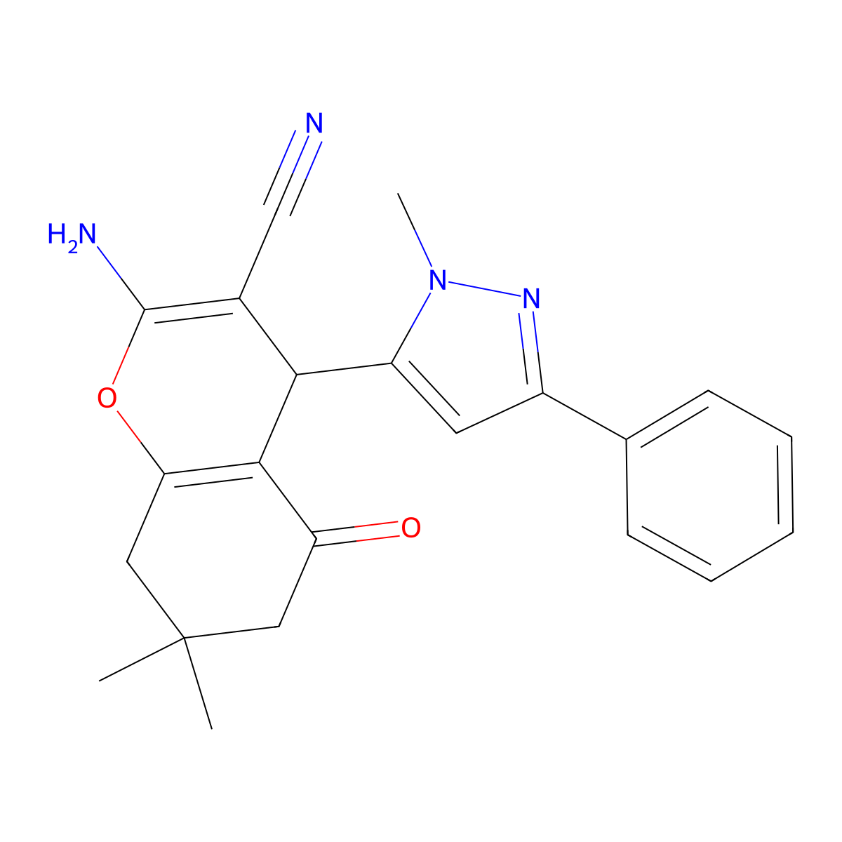 2-Amino-7,7-dimethyl-4-(1-methyl-3-phenyl-1H-pyrazol-5-YL)-5-oxo-5,6,7,8-tetrahydro-4H-chromen-3-YL cyanide molecular structure, CAS 1020705-43-4