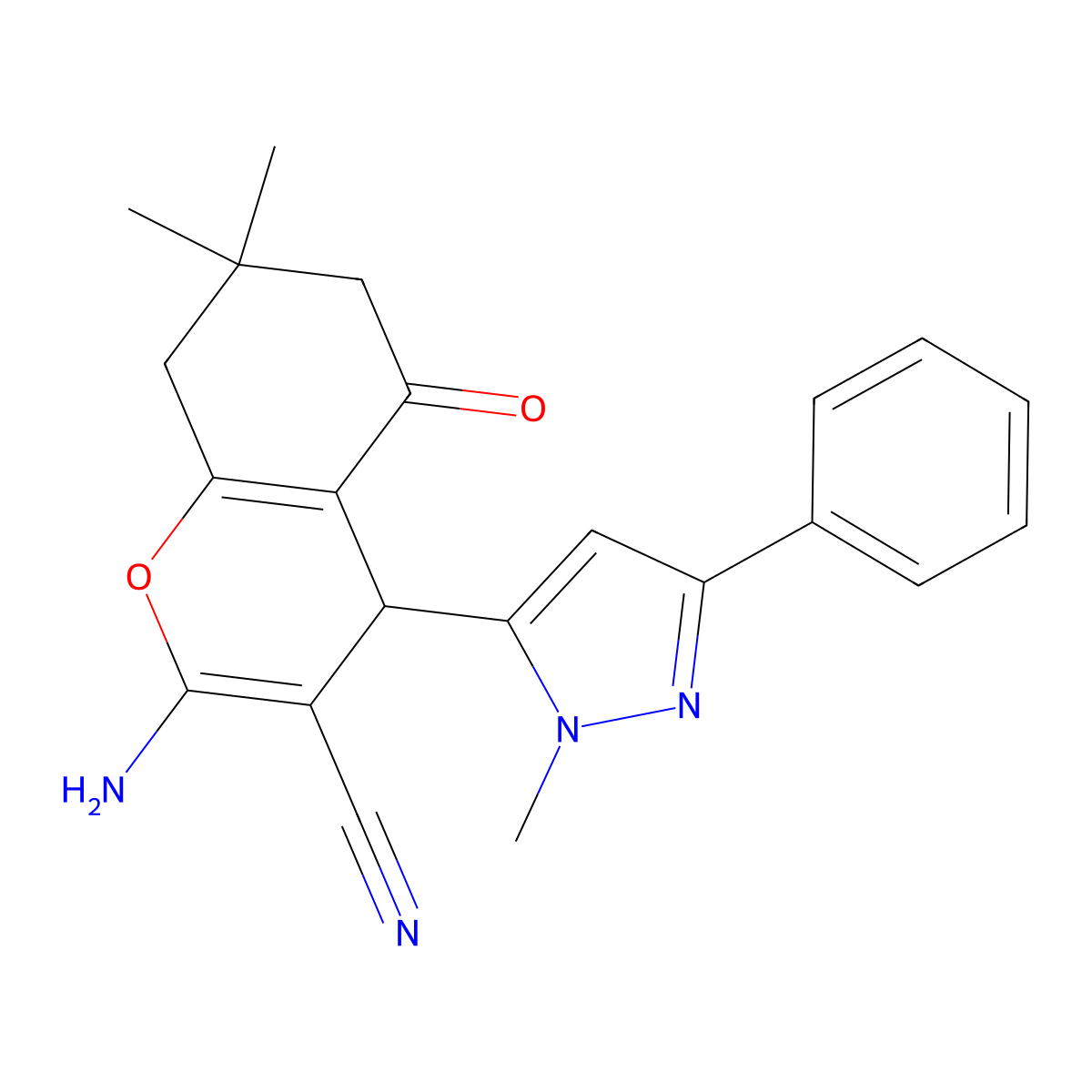 2-Amino-7,7-dimethyl-4-(1-methyl-3-phenyl-1H-pyrazol-5-YL)-5-oxo-5,6,7,8-tetrahydro-4H-chromen-3-YL cyanide molecular structure, CAS 1020705-43-4