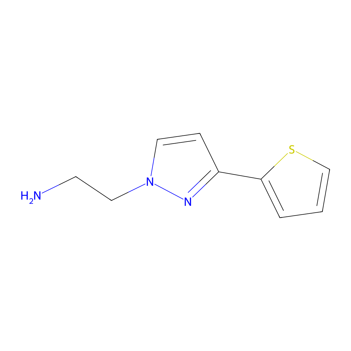 2-(3-(thiophen-2-yl)-1H-pyrazol-1-yl)ethan-1-amine molecular structure, CAS 1020706-50-6