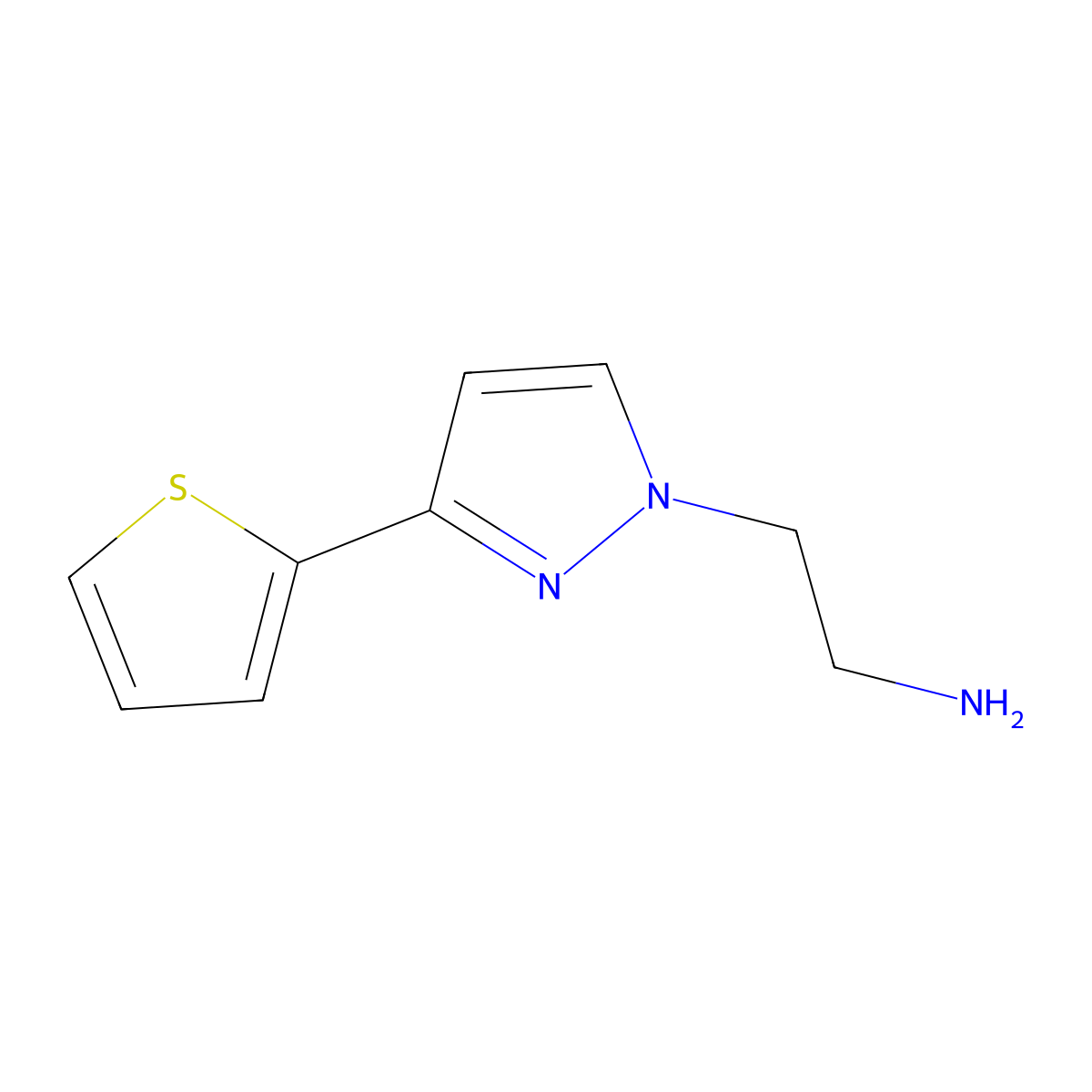 2-(3-(thiophen-2-yl)-1H-pyrazol-1-yl)ethan-1-amine molecular structure, CAS 1020706-50-6