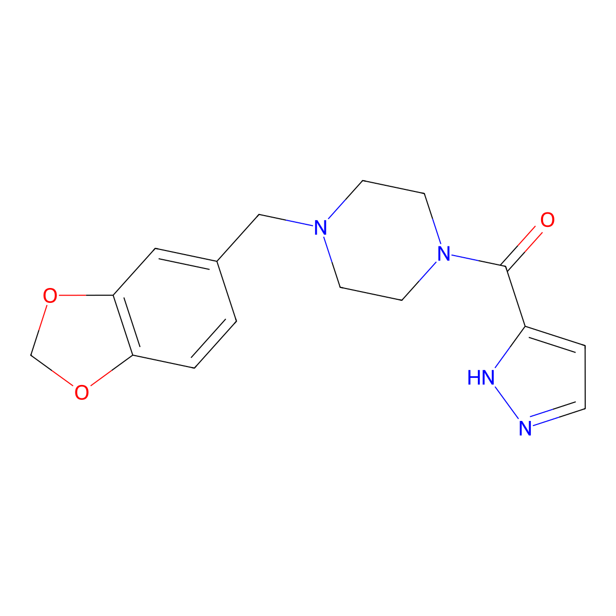 1-(1,3-benzodioxol-5-ylmethyl)-4-(1H-pyrazol-3-ylcarbonyl)piperazine molecular structure, CAS 1020715-63-2
