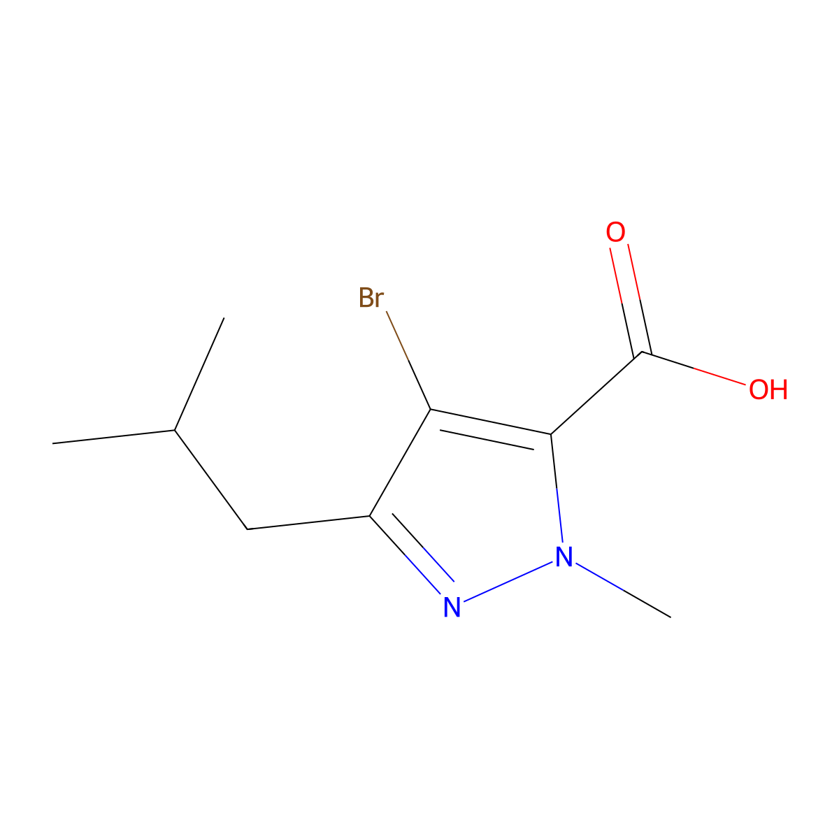 4-bromo-1-methyl-3-(2-methylpropyl)-1H-pyrazole-5-carboxylic acid molecular structure, CAS 1020722-62-6
