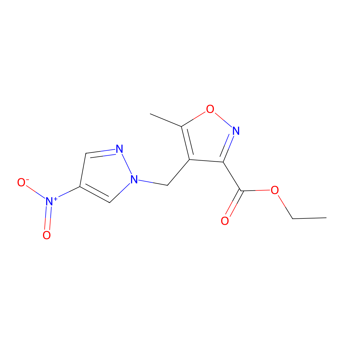 Ethyl 5-methyl-4-((4-nitro-1H-pyrazol-1-yl)methyl)isoxazole-3-carboxylate molecular structure, CAS 1020723-98-1