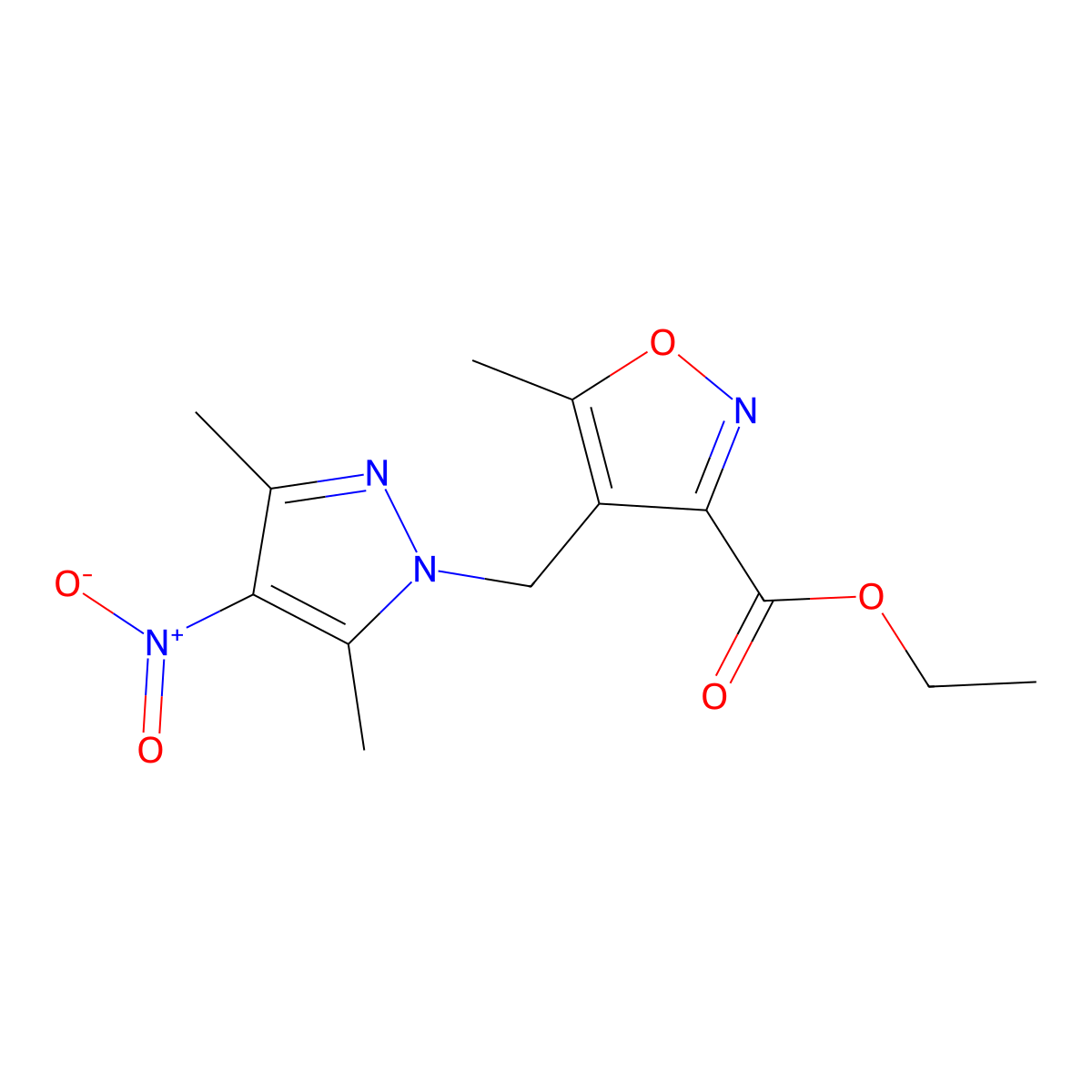 Ethyl 4-((3,5-dimethyl-4-nitro-1H-pyrazol-1-yl)methyl)-5-methylisoxazole-3-carboxylate molecular structure, CAS 1020724-29-1