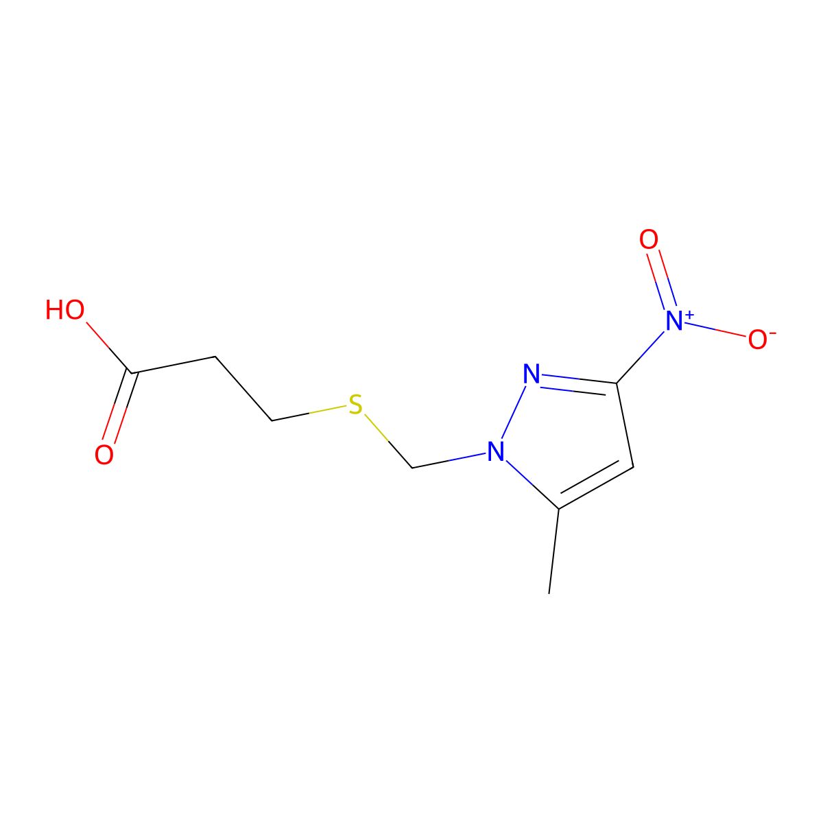 3-{[(5-methyl-3-nitro-1H-pyrazol-1-yl)methyl]sulfanyl}propanoic acid molecular structure, CAS 1020724-67-7