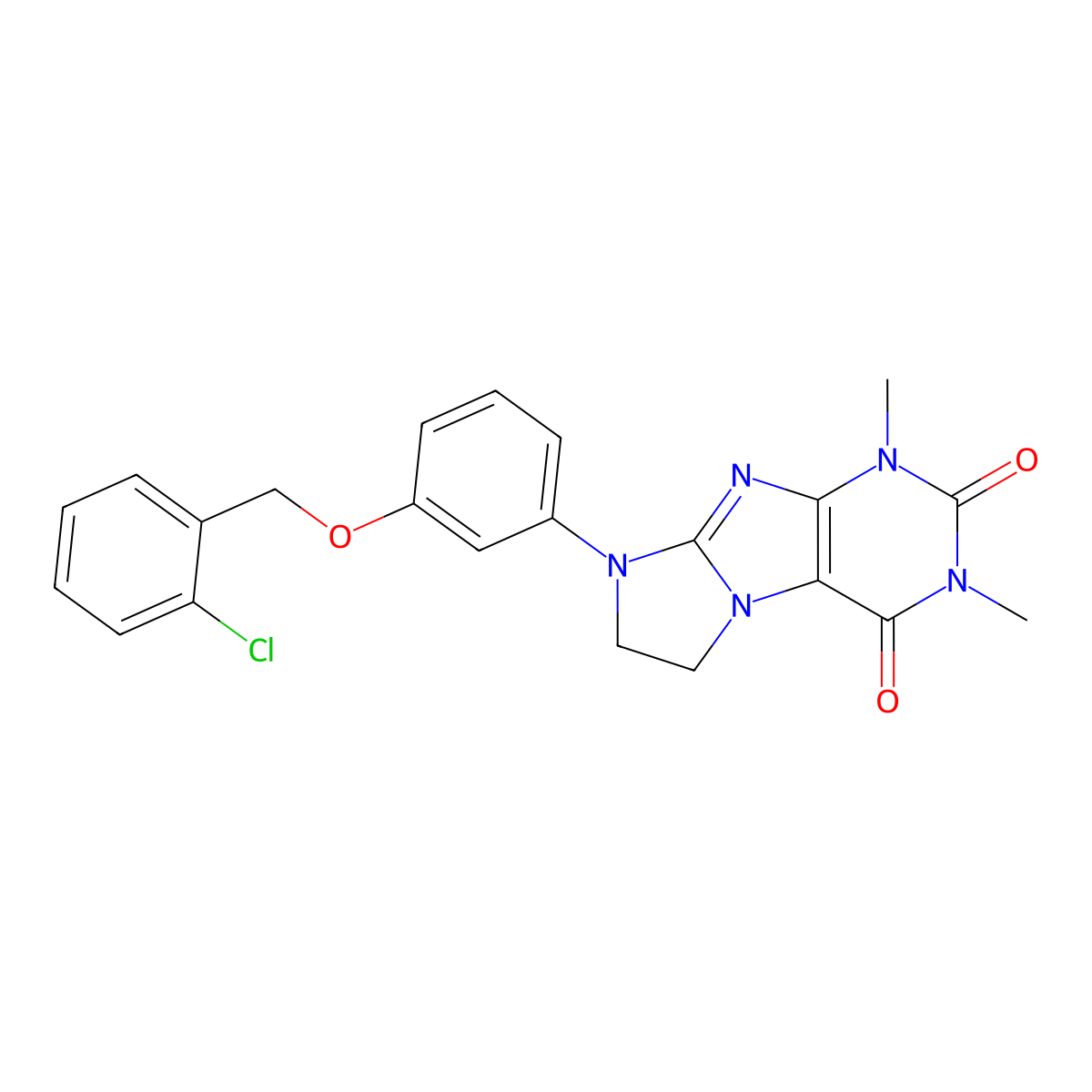 8-{3-[(2-Chlorophenyl)methoxy]phenyl}-1,3-dimethyl-1,3,5-trihydroimidazolidino [1,2-h]purine-2,4-dione molecular structure, CAS 1020972-03-5