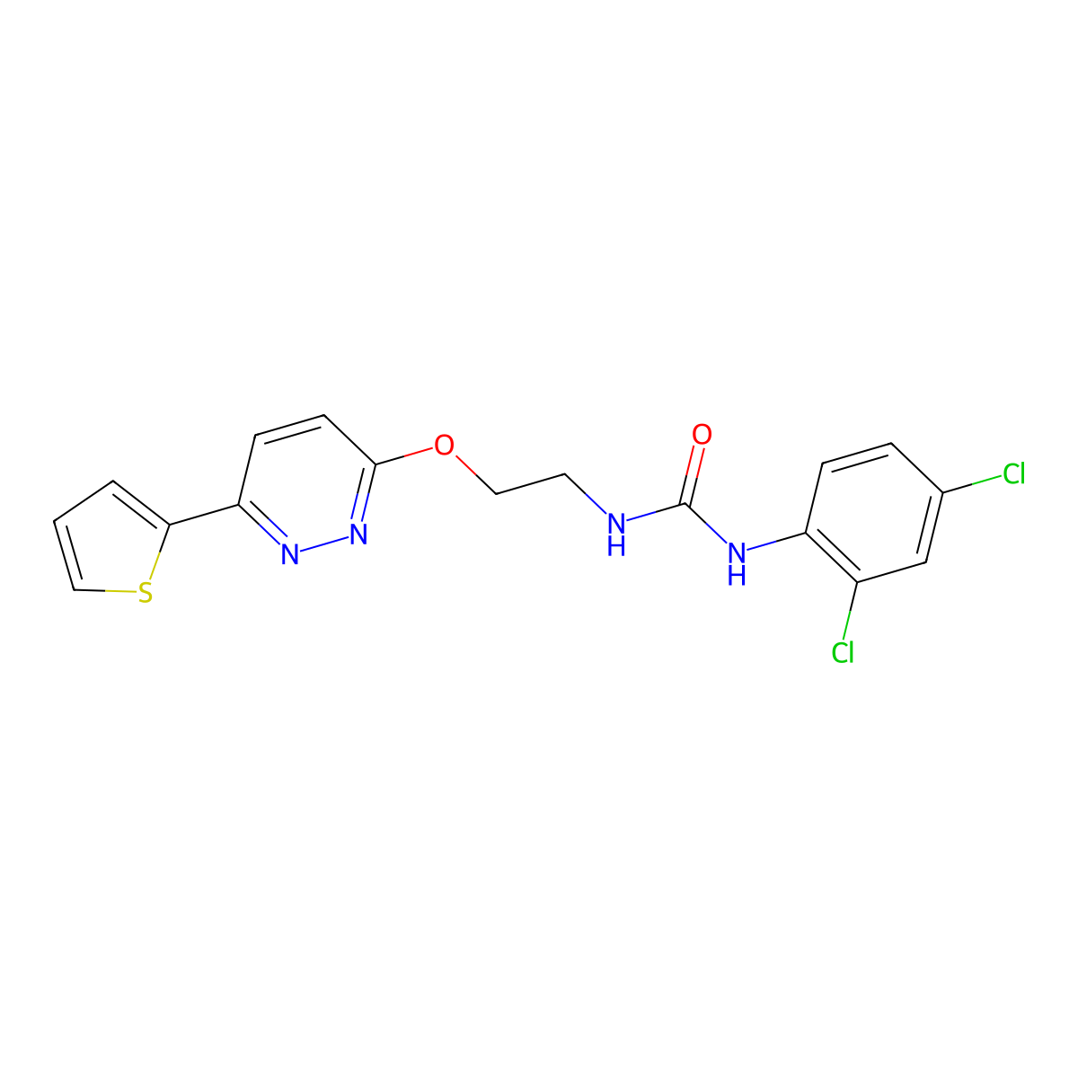 1-(2,4-Dichlorophenyl)-3-(2-((6-(thiophen-2-yl)pyridazin-3-yl)oxy)ethyl)urea molecular structure, CAS 1020975-17-0