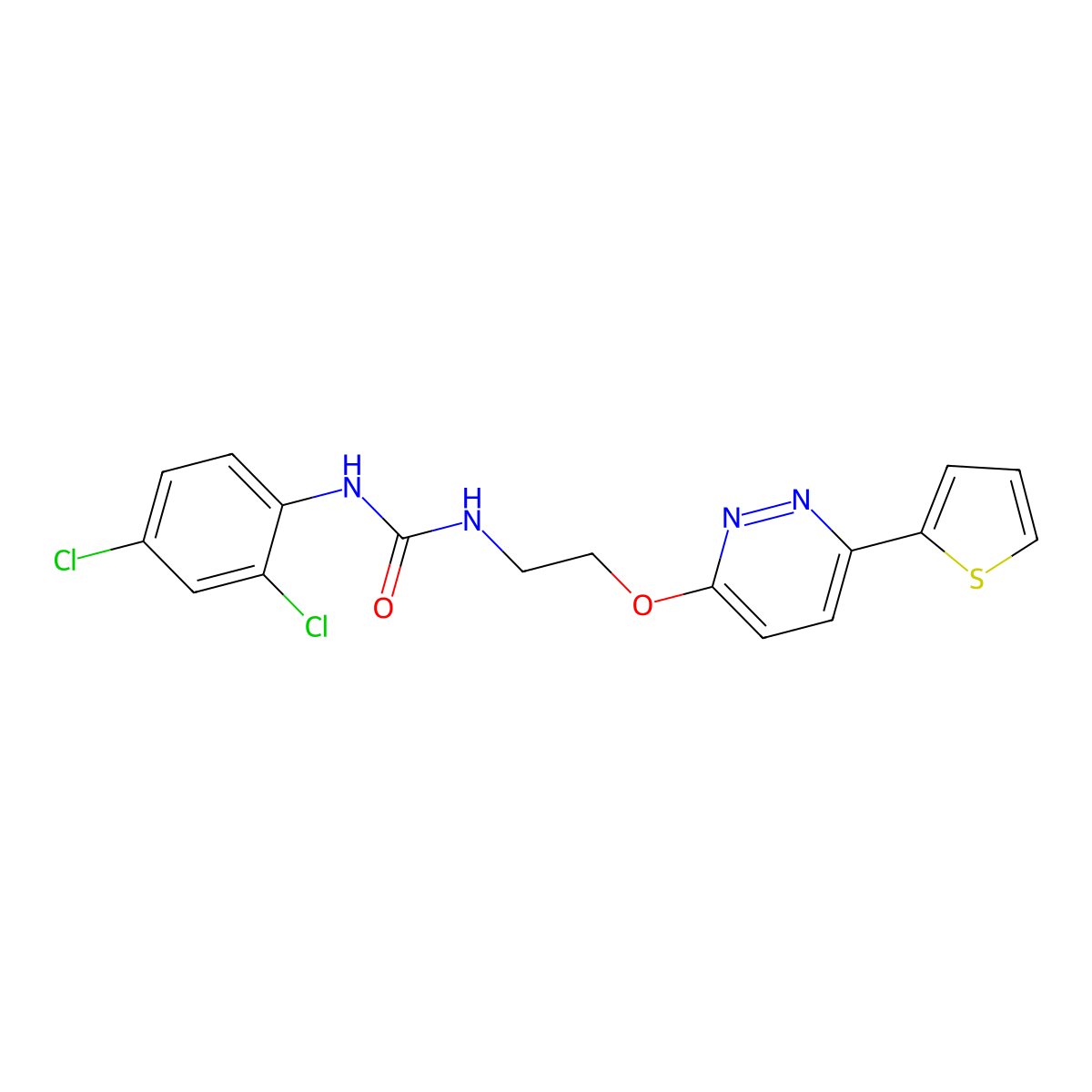 1-(2,4-Dichlorophenyl)-3-(2-((6-(thiophen-2-yl)pyridazin-3-yl)oxy)ethyl)urea molecular structure, CAS 1020975-17-0