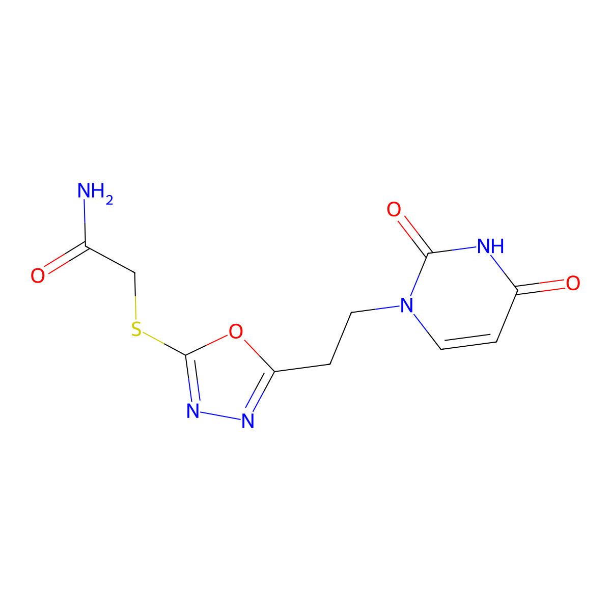 2-((5-(2-(2,4-dioxo-3,4-dihydropyrimidin-1(2H)-yl)ethyl)-1,3,4-oxadiazol-2-yl)thio)acetamide molecular structure, CAS 1020977-13-2