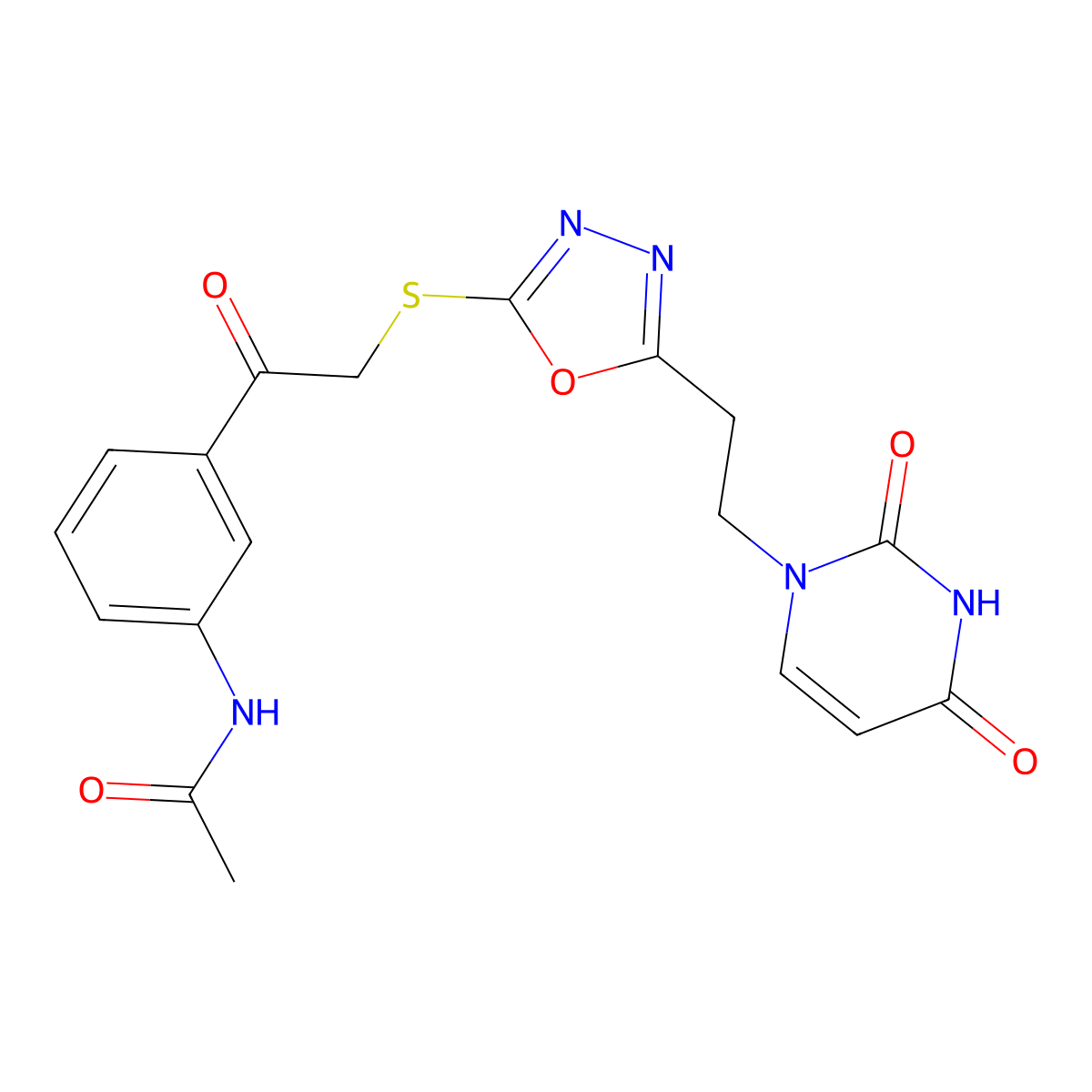 N-(3-(2-((5-(2-(2,4-dioxo-3,4-dihydropyrimidin-1(2H)-yl)ethyl)-1,3,4-oxadiazol-2-yl)thio)acetyl)phenyl)acetamide molecular structure, CAS 1020977-17-6