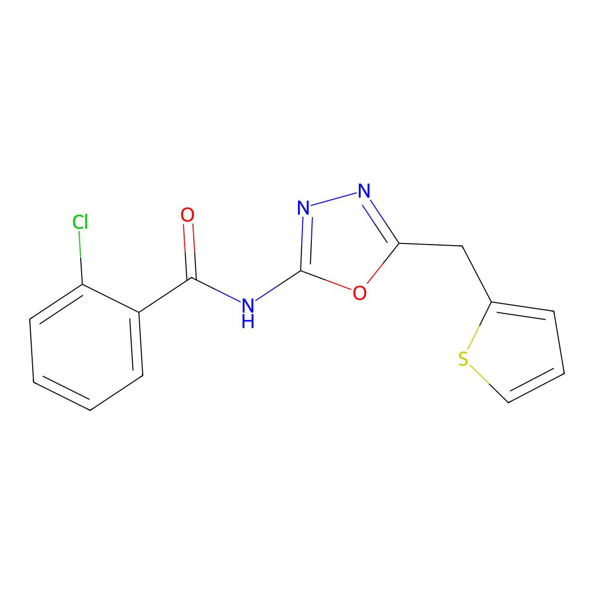 2-chloro-N-(5-(thiophen-2-ylmethyl)-1,3,4-oxadiazol-2-yl)benzamide molecular structure, CAS 1020977-22-3