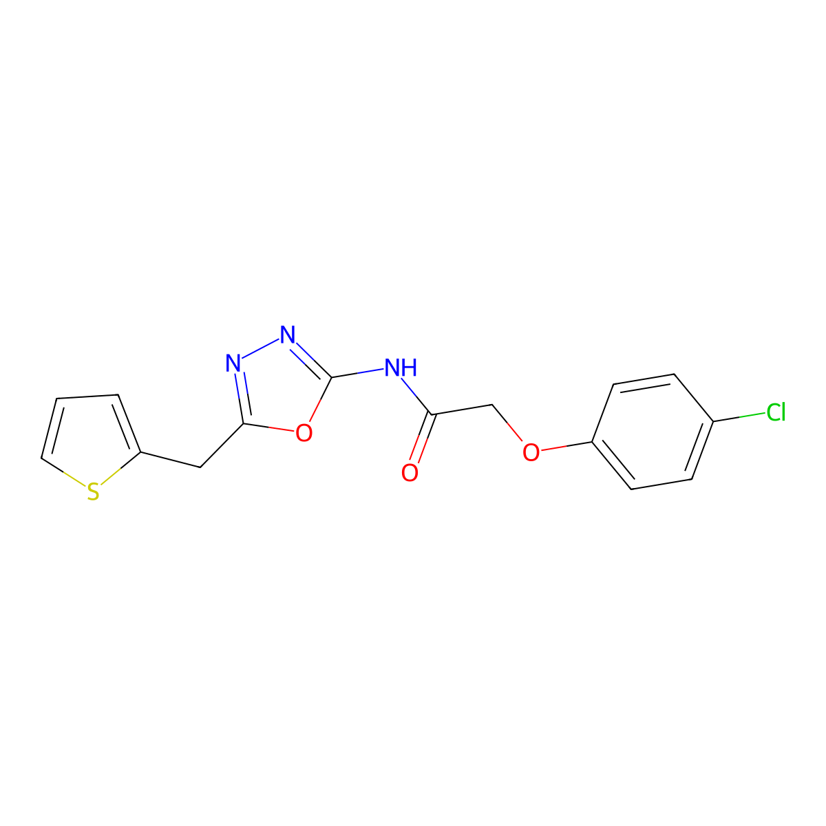 2-(4-chlorophenoxy)-N-(5-(thiophen-2-ylmethyl)-1,3,4-oxadiazol-2-yl)acetamide molecular structure, CAS 1020977-44-9
