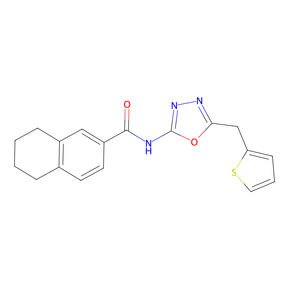 N-(5-(thiophen-2-ylmethyl)-1,3,4-oxadiazol-2-yl)-5,6,7,8-tetrahydronaphthalene-2-carboxamide molecular structure, CAS 1020977-53-0