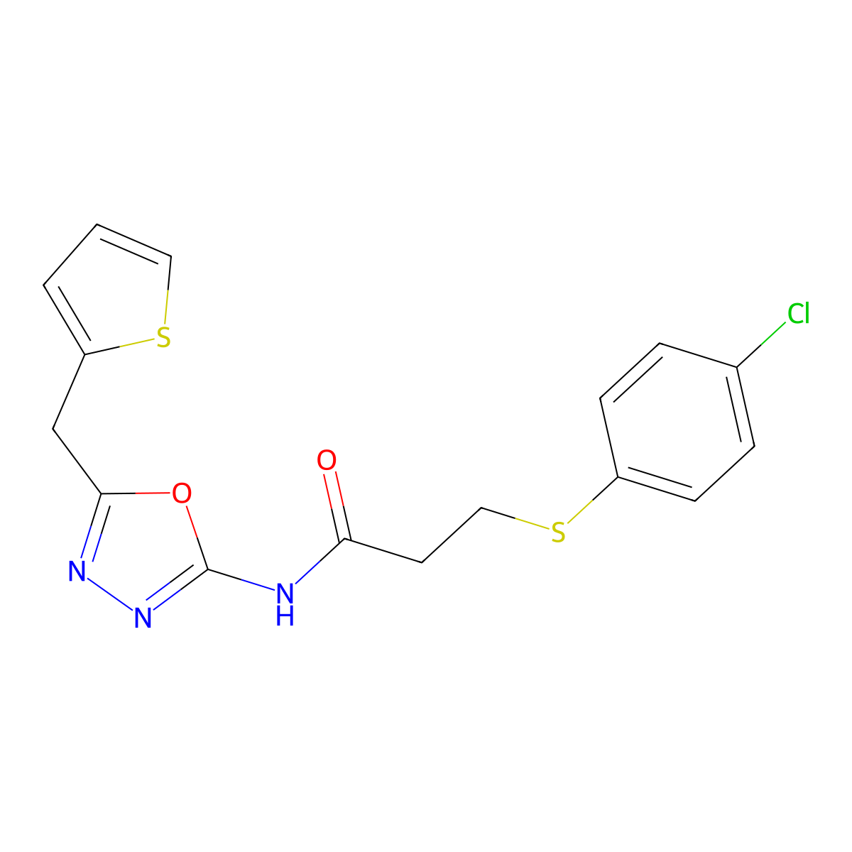 3-((4-chlorophenyl)thio)-N-(5-(thiophen-2-ylmethyl)-1,3,4-oxadiazol-2-yl)propanamide molecular structure, CAS 1020977-74-5