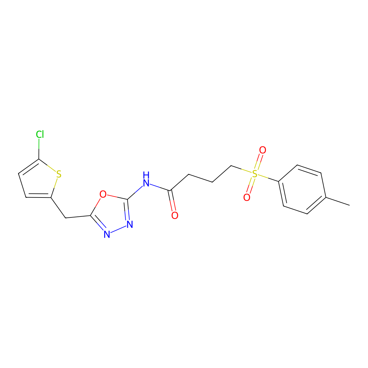 N-(5-((5-chlorothiophen-2-yl)methyl)-1,3,4-oxadiazol-2-yl)-4-tosylbutanamide molecular structure, CAS 1020978-08-8