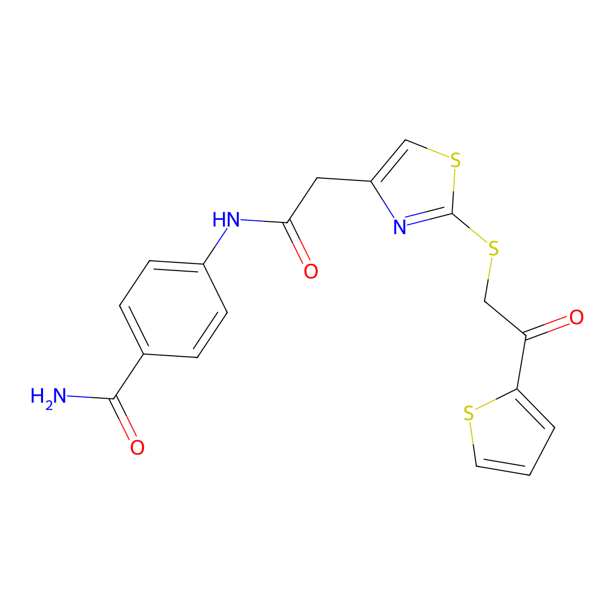 4-(2-(2-((2-Oxo-2-(thiophen-2-yl)ethyl)thio)thiazol-4-yl)acetamido)benzamide molecular structure, CAS 1020979-73-0
