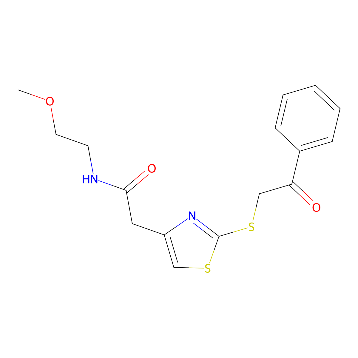 N-(2-methoxyethyl)-2-(2-((2-oxo-2-phenylethyl)thio)thiazol-4-yl)acetamide molecular structure, CAS 1020979-79-6