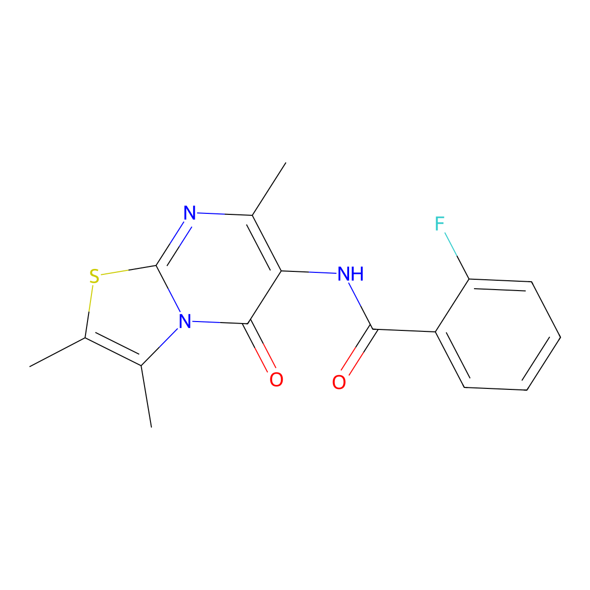 2-fluoro-N-(2,3,7-trimethyl-5-oxo-5H-thiazolo[3,2-a]pyrimidin-6-yl)benzamide molecular structure, CAS 1020979-80-9
