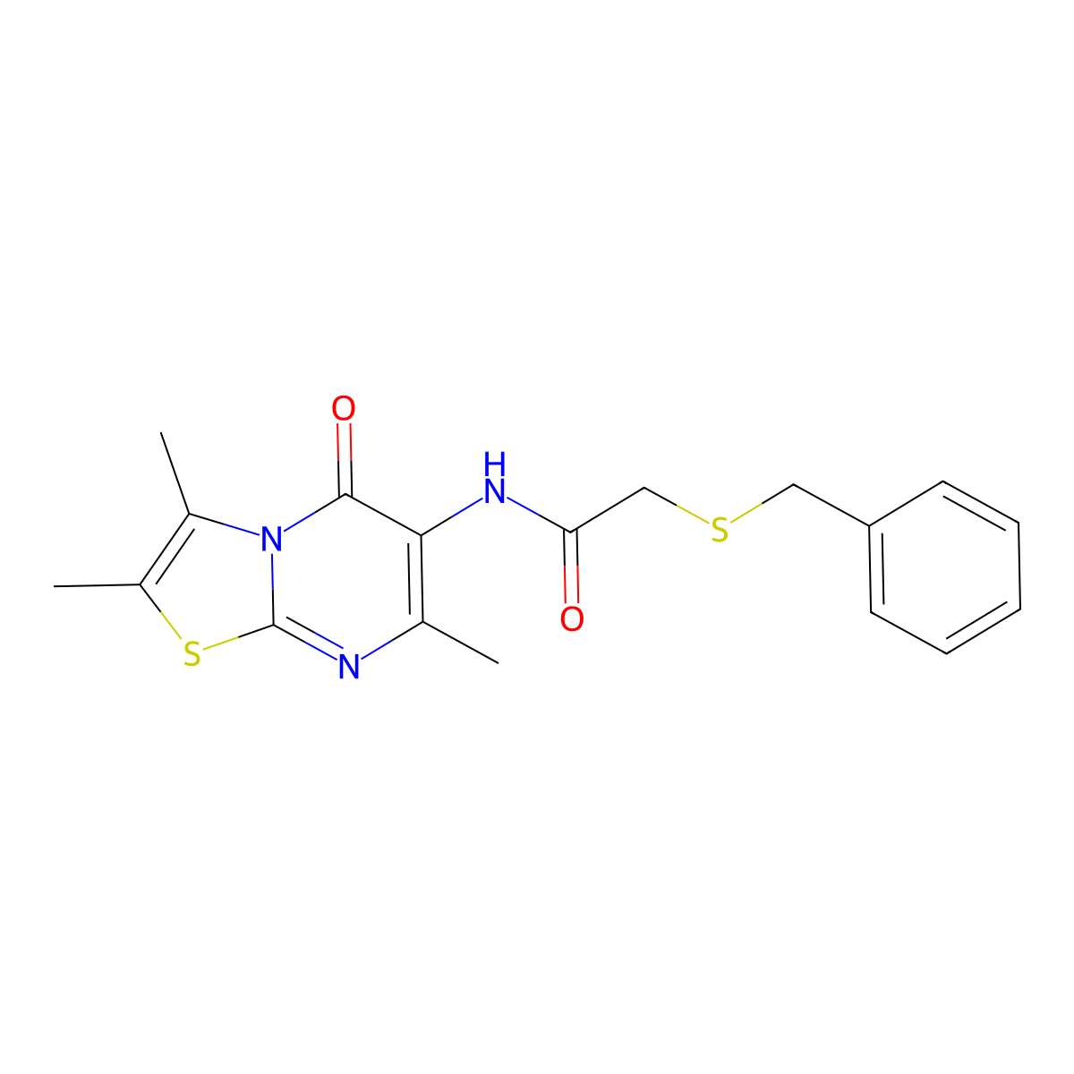 2-(benzylthio)-N-(2,3,7-trimethyl-5-oxo-5H-thiazolo[3,2-a]pyrimidin-6-yl)acetamide molecular structure, CAS 1020980-06-6