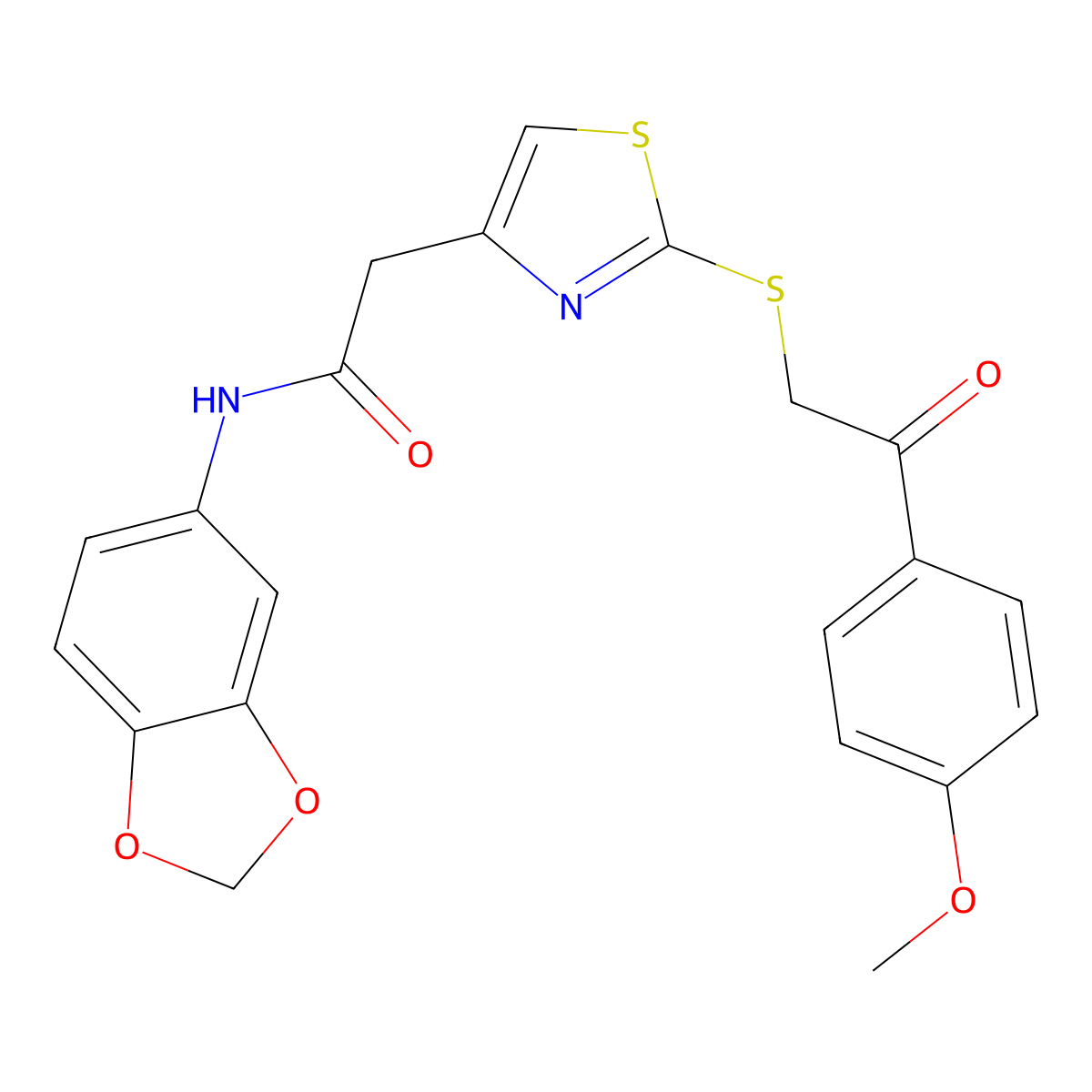 N-(benzo[d][1,3]dioxol-5-yl)-2-(2-((2-(4-methoxyphenyl)-2-oxoethyl)thio)thiazol-4-yl)acetamide molecular structure, CAS 1020980-17-9