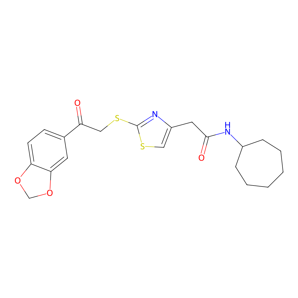 2-(2-((2-(benzo[d][1,3]dioxol-5-yl)-2-oxoethyl)thio)thiazol-4-yl)-N-cycloheptylacetamide molecular structure, CAS 1020980-29-3